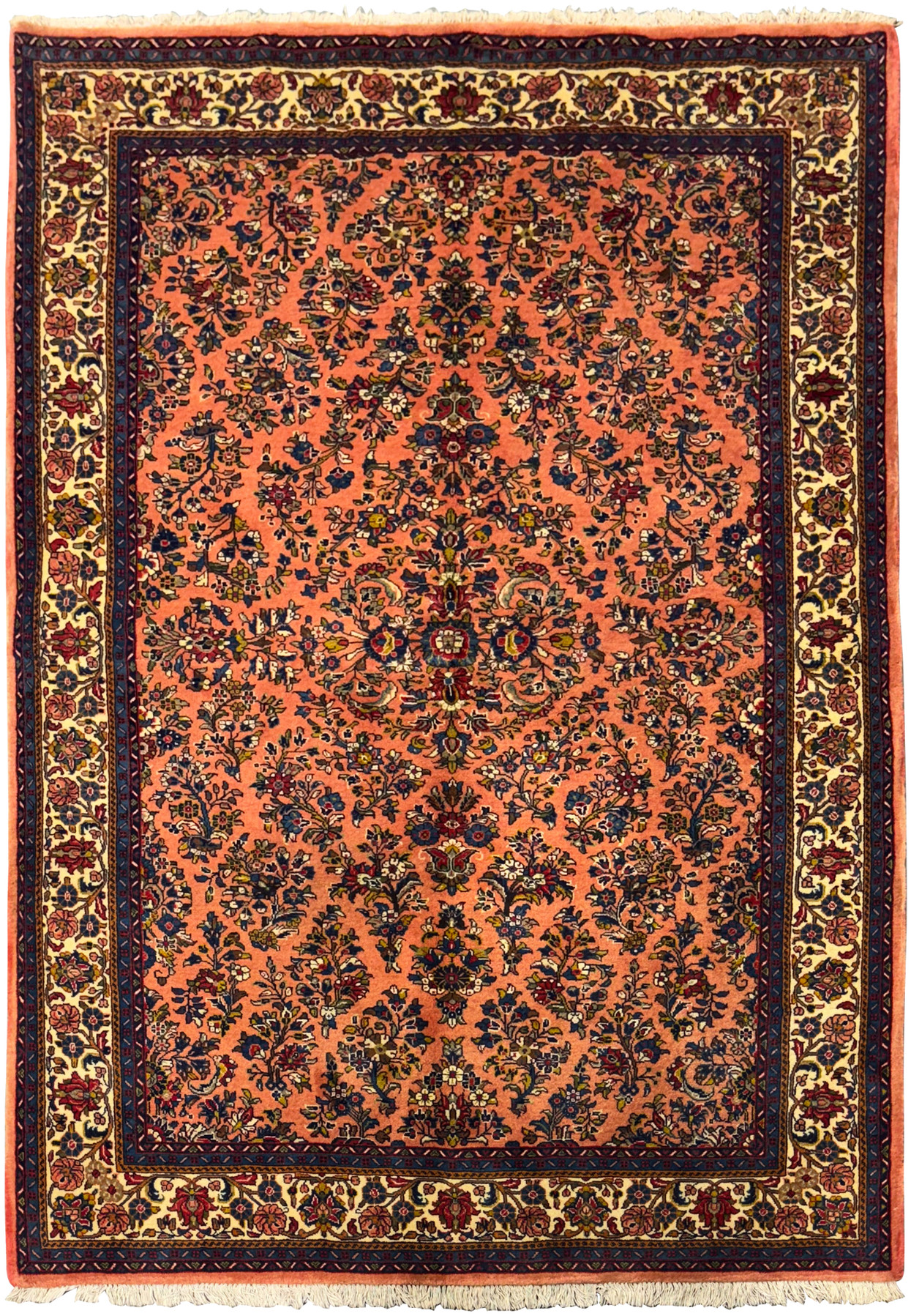 Full view of a 5'6" x 8'5" Persian Sarouk rug with intricate floral design.