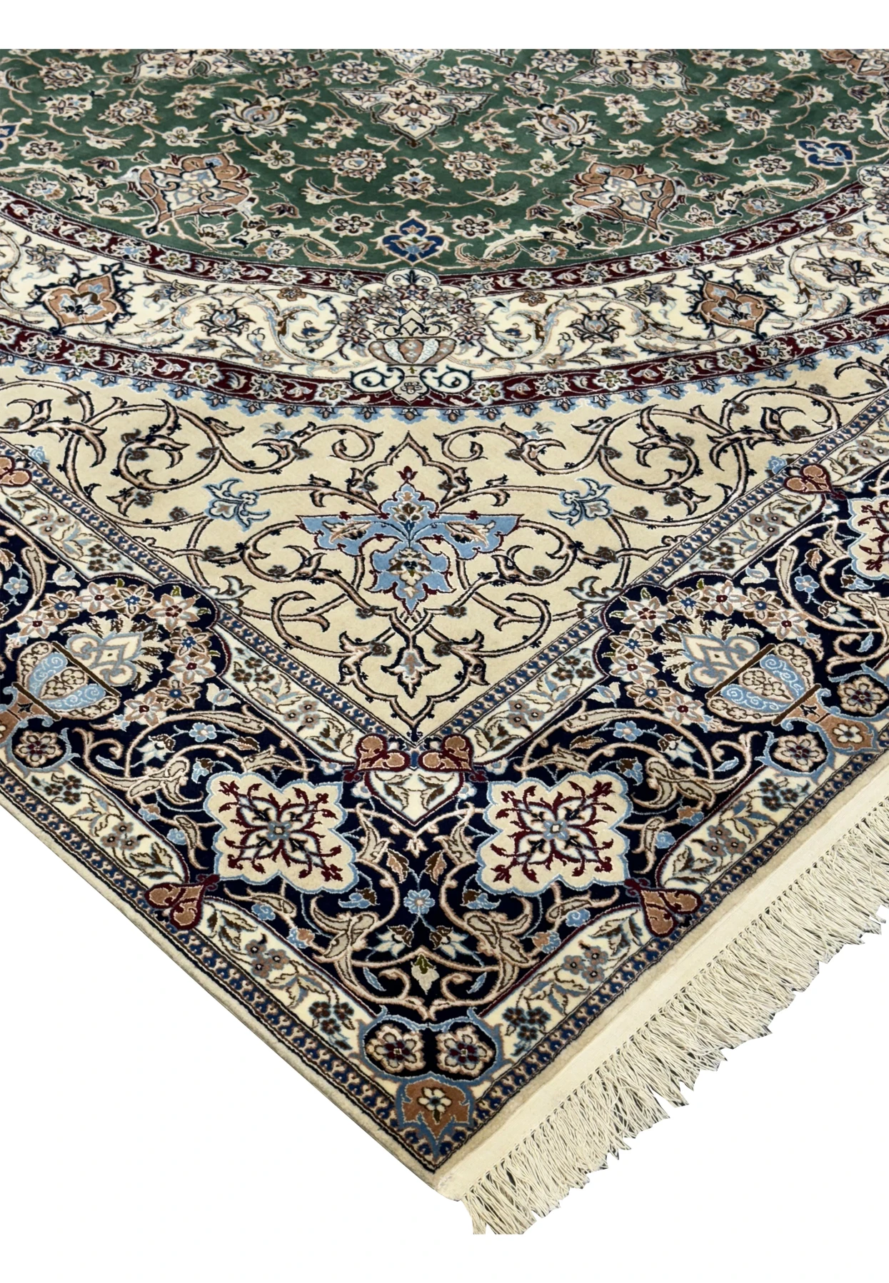 Side view of the 9 x 9 Nain 6LA Persian Rug displaying its thickness and craftsmanship