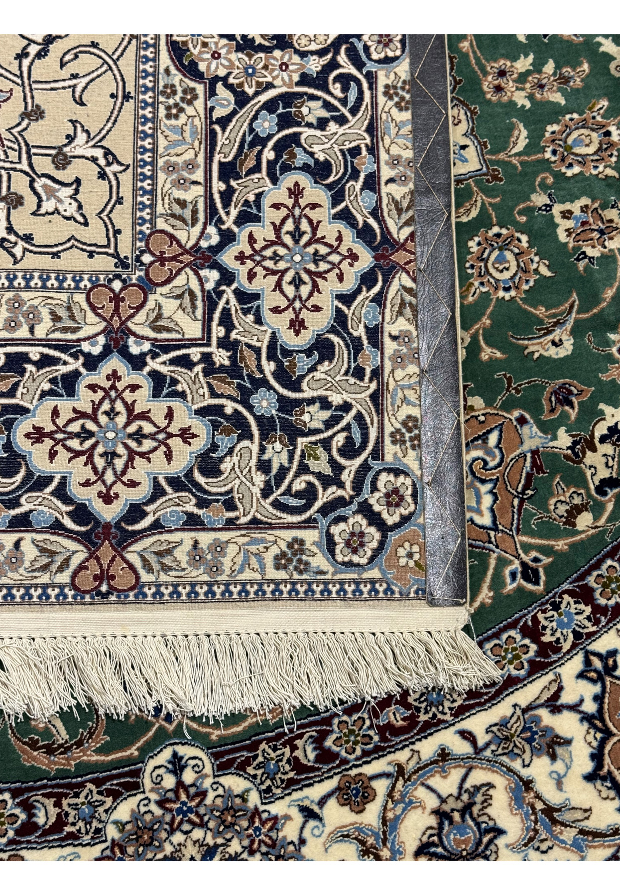 Backside of this 9x9 Nain 6LA Persian Rug wool and silk rug. Showing the high quality of this rug