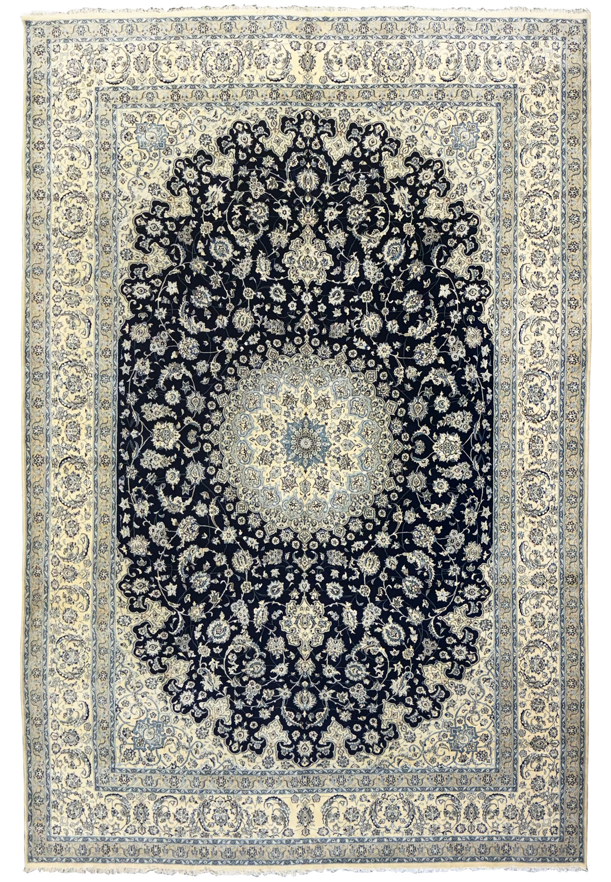 Handwoven 13 x 19'8 Persian Nain 9LA Rug with intricate floral patterns and blue and beige tones