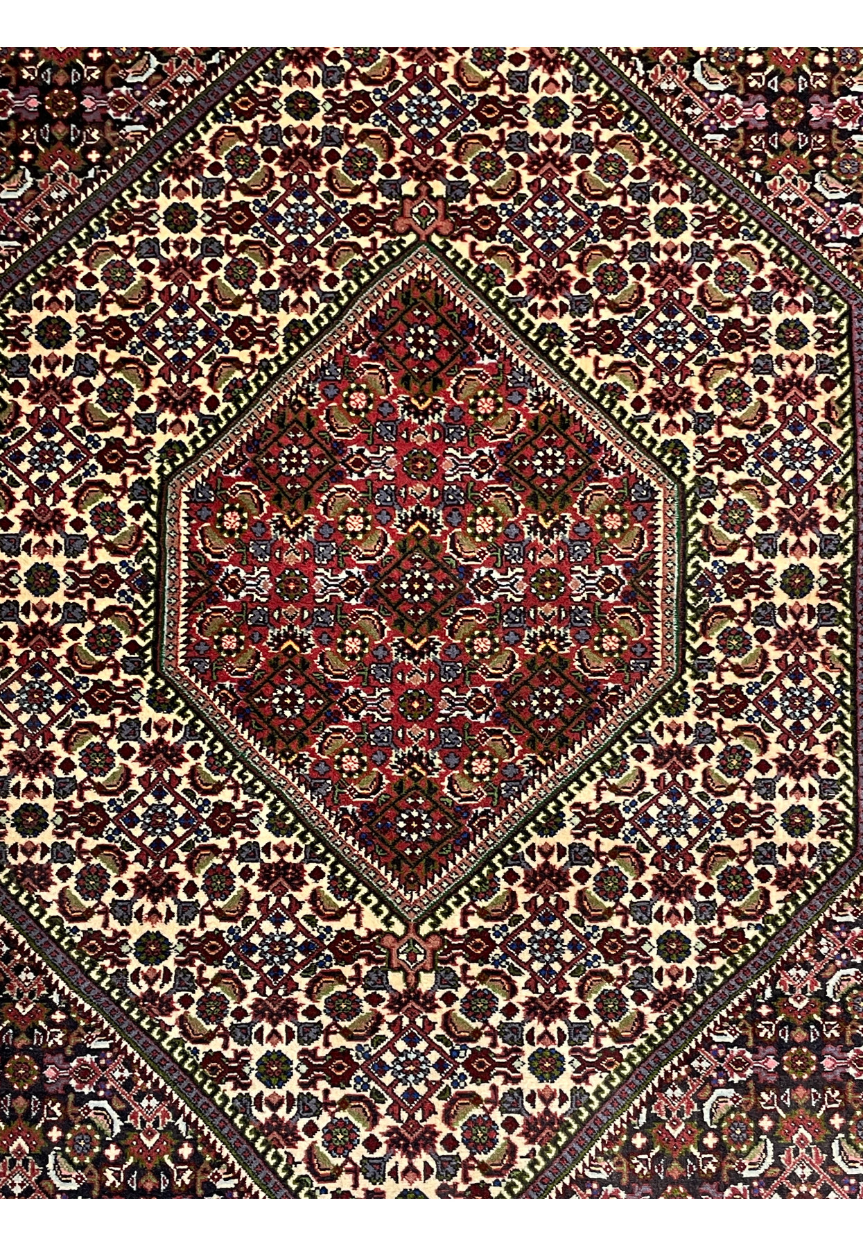 Close-up of the central medallion on a Persian Bijar rug showcasing detailed floral designs and rich red hues.