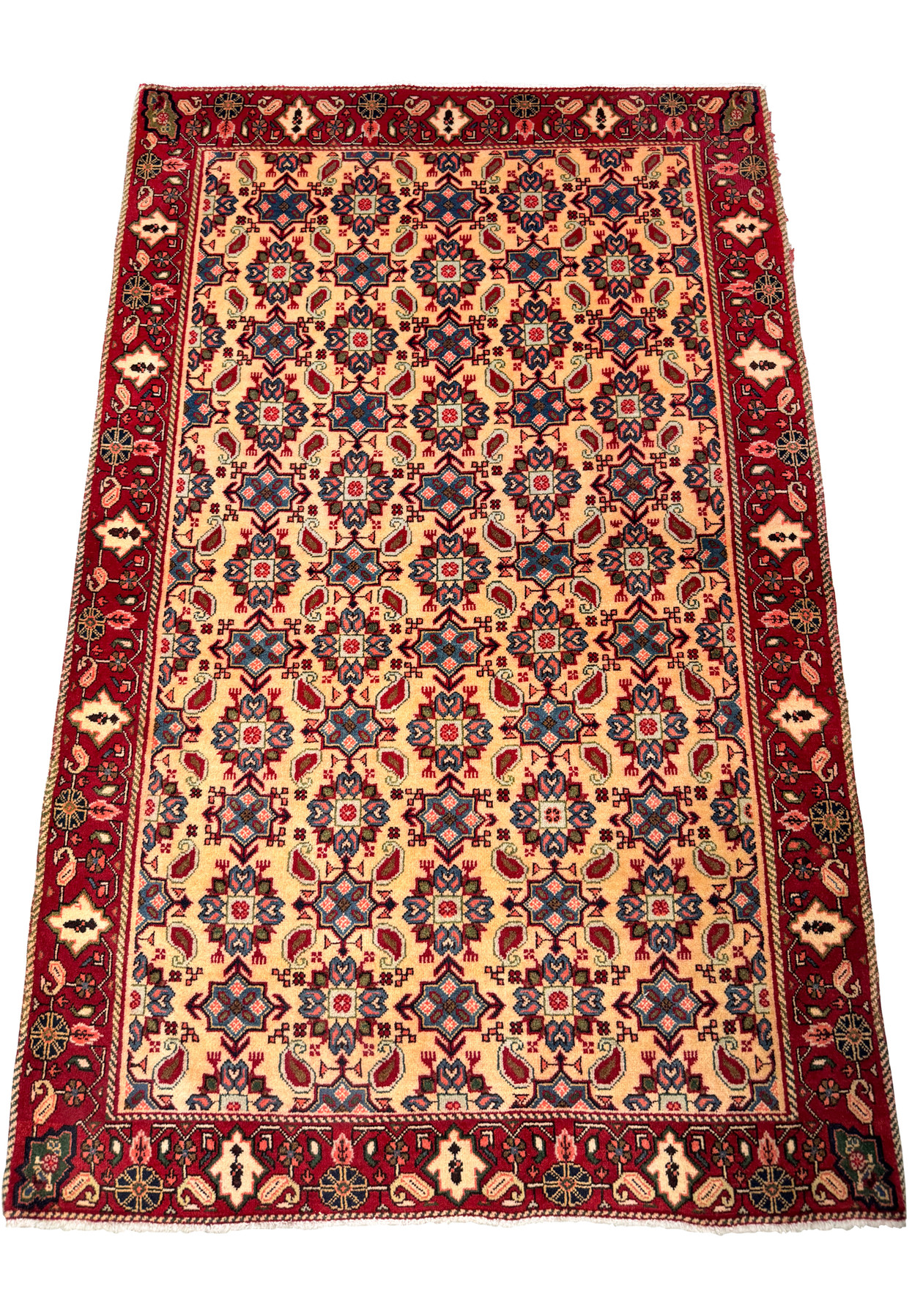 Top view of a 3'4 x 5'3 Persian Hamedan Rug, highlighting the overall design and detailed weaving.