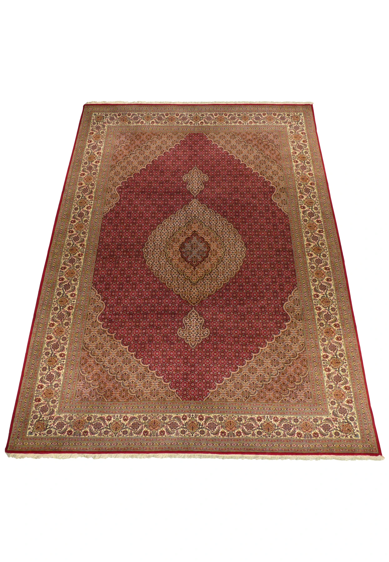 The 6'8 x 10 Persian Tabriz Mahi Rug laid down, displaying the harmonious blend of deep crimson red and soft beige colors.