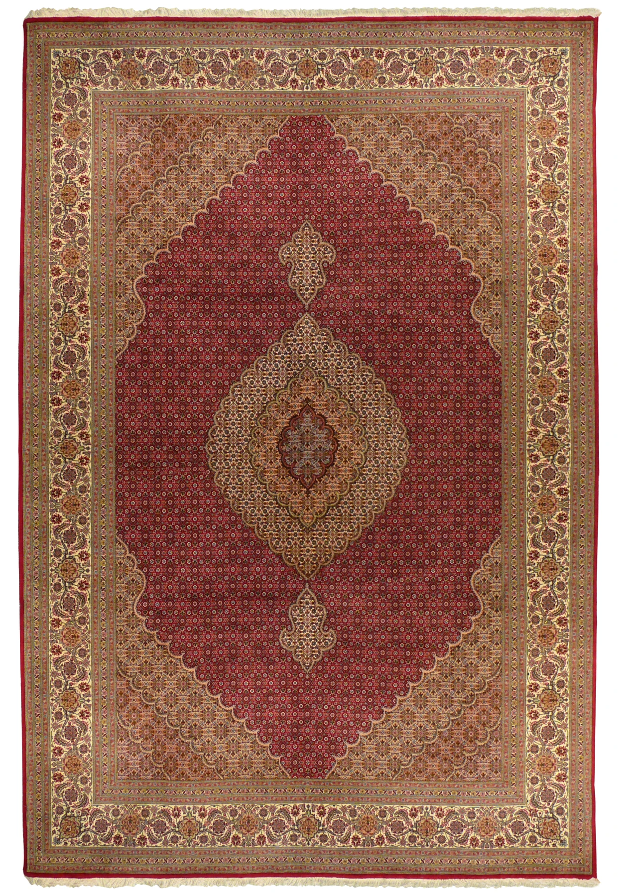 Full overview of the 6'8 x 10 Persian Tabriz Mahi Rug laid down, highlighting the central medallion and intricate motifs.
