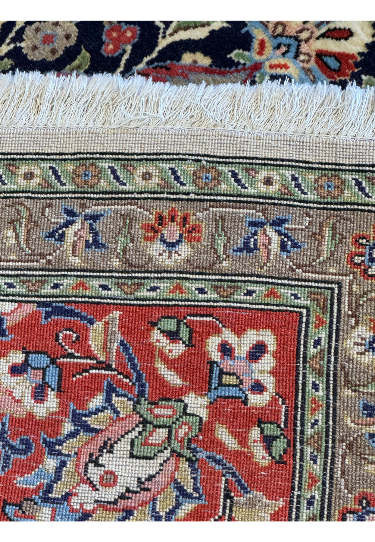 zoomed backview to highlight the density of the weave and high quality of qum rugs