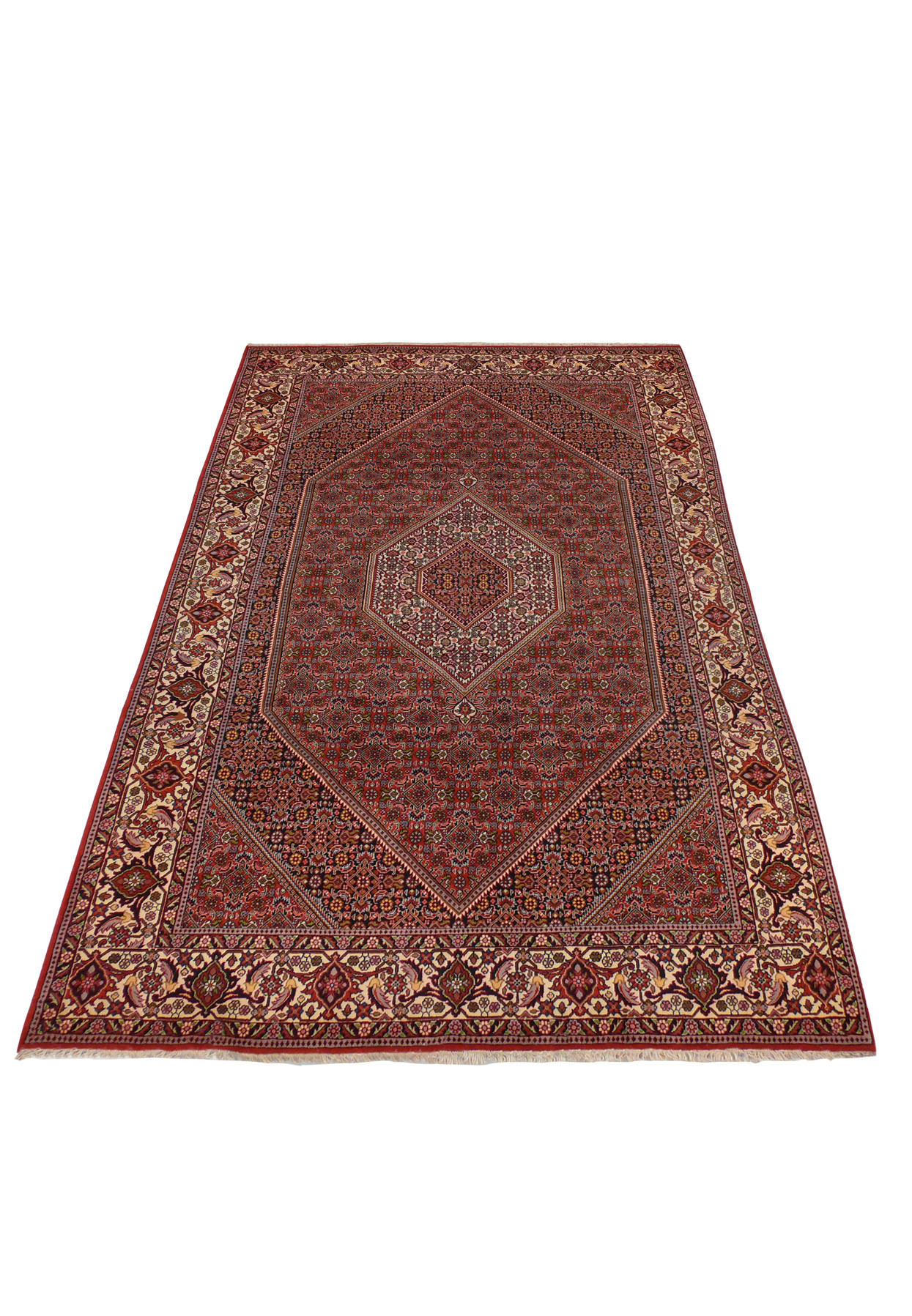 6'6 x 10'2 Bijar Persian Rug laid down showing rich color palette and design