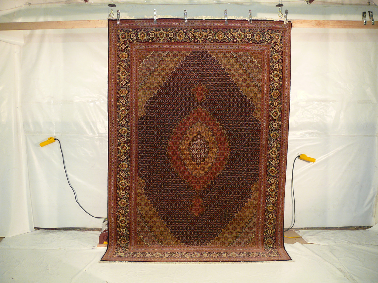 6'8" x 9'7" Persian Tabriz Mahi 50 Raj Rug hanging to display overall design and detailed patterns.