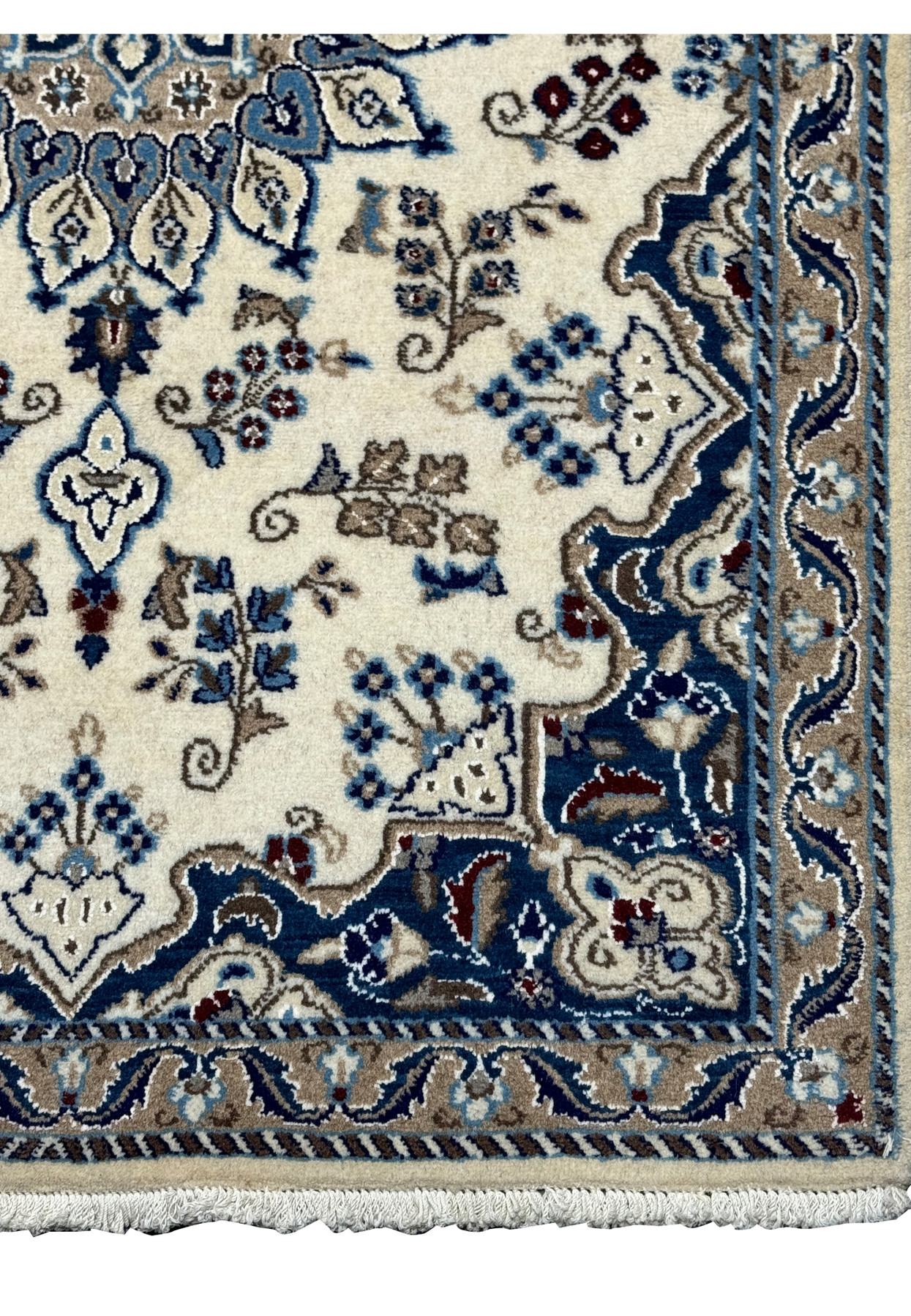 Border of a 2'10 x 4'8 Persian Nain Rug with navy blue and maroon floral motifs.