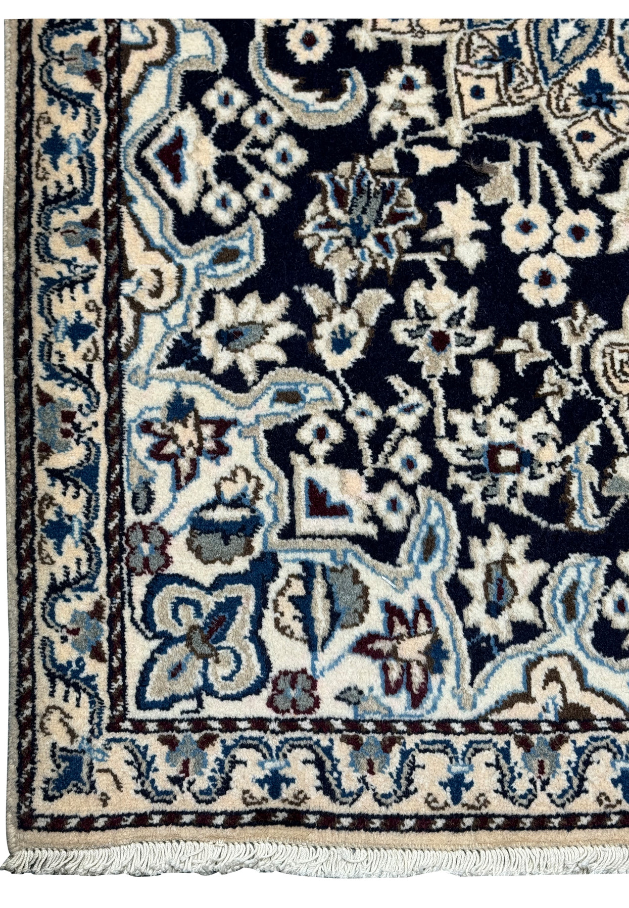 Border detail of the 3x5 Persian Nain rug with elaborate patterns.