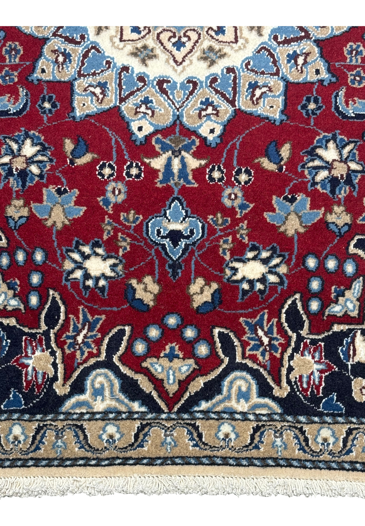 Close-up of the lower border of the 2'10" x 4'5" Red Persian Nain Rug, featuring intricate vines and flowers.