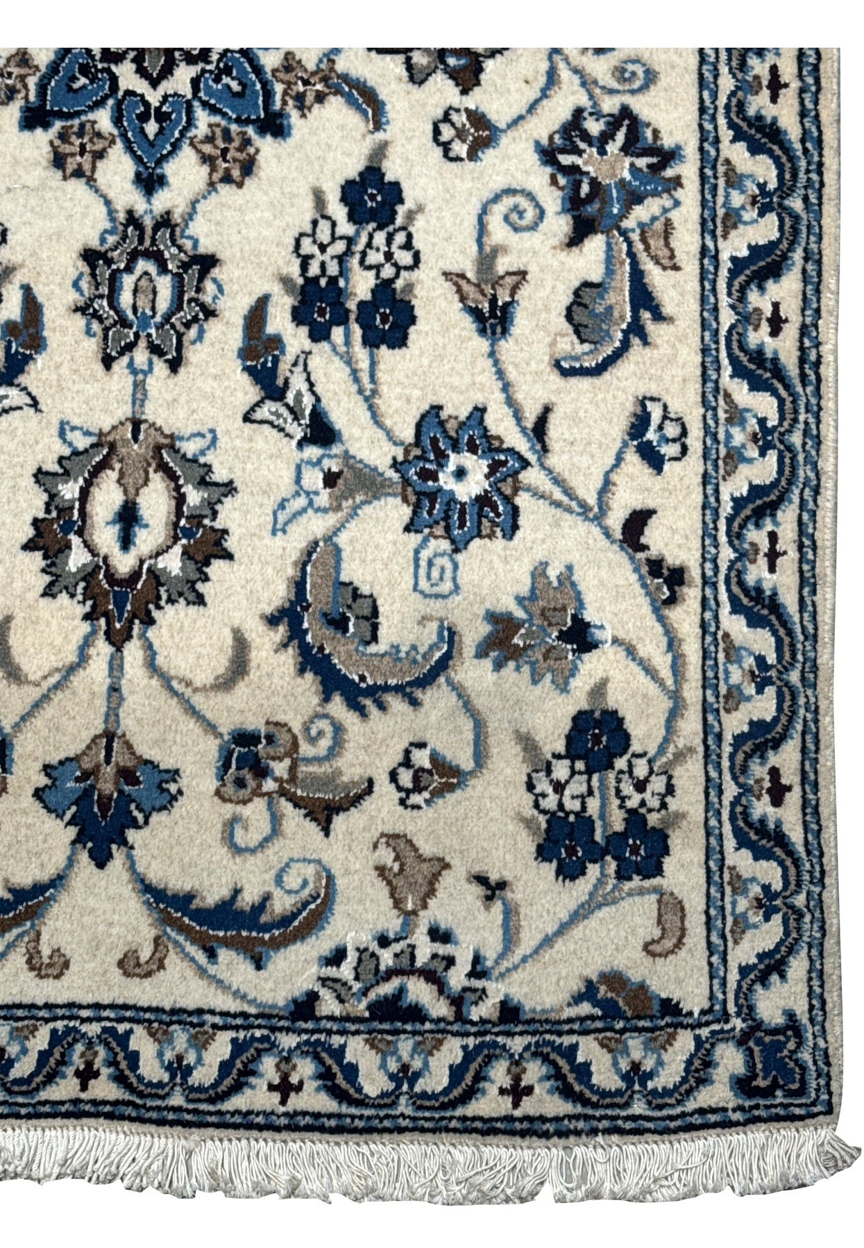 Close-up of the edge border of a Persian Nain Rug showcasing detailed floral motifs and fringes.