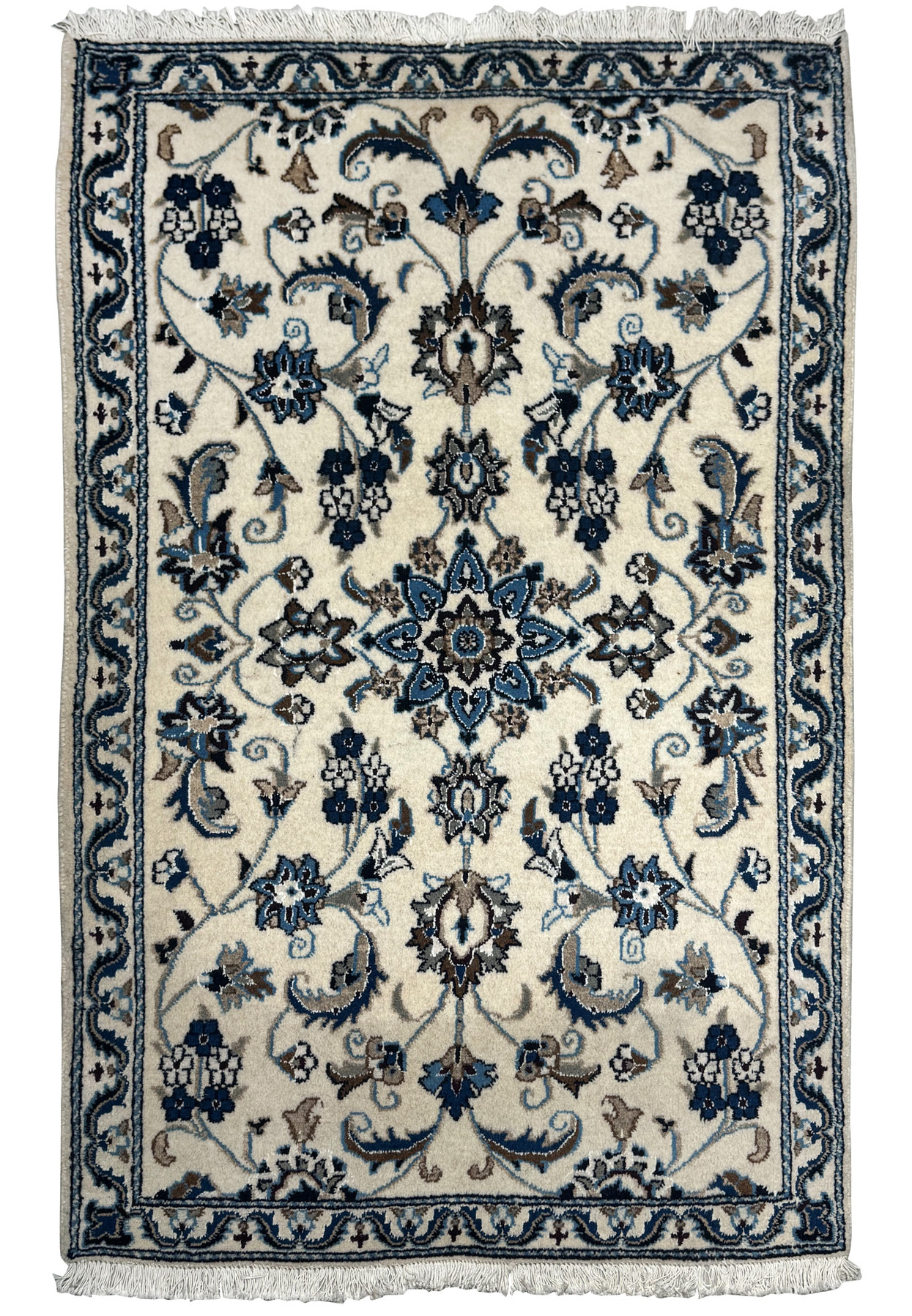 Full view of a 2'10" x 4'8" Persian Nain Rug with intricate floral and vine patterns in navy blue, sky blue, and beige.