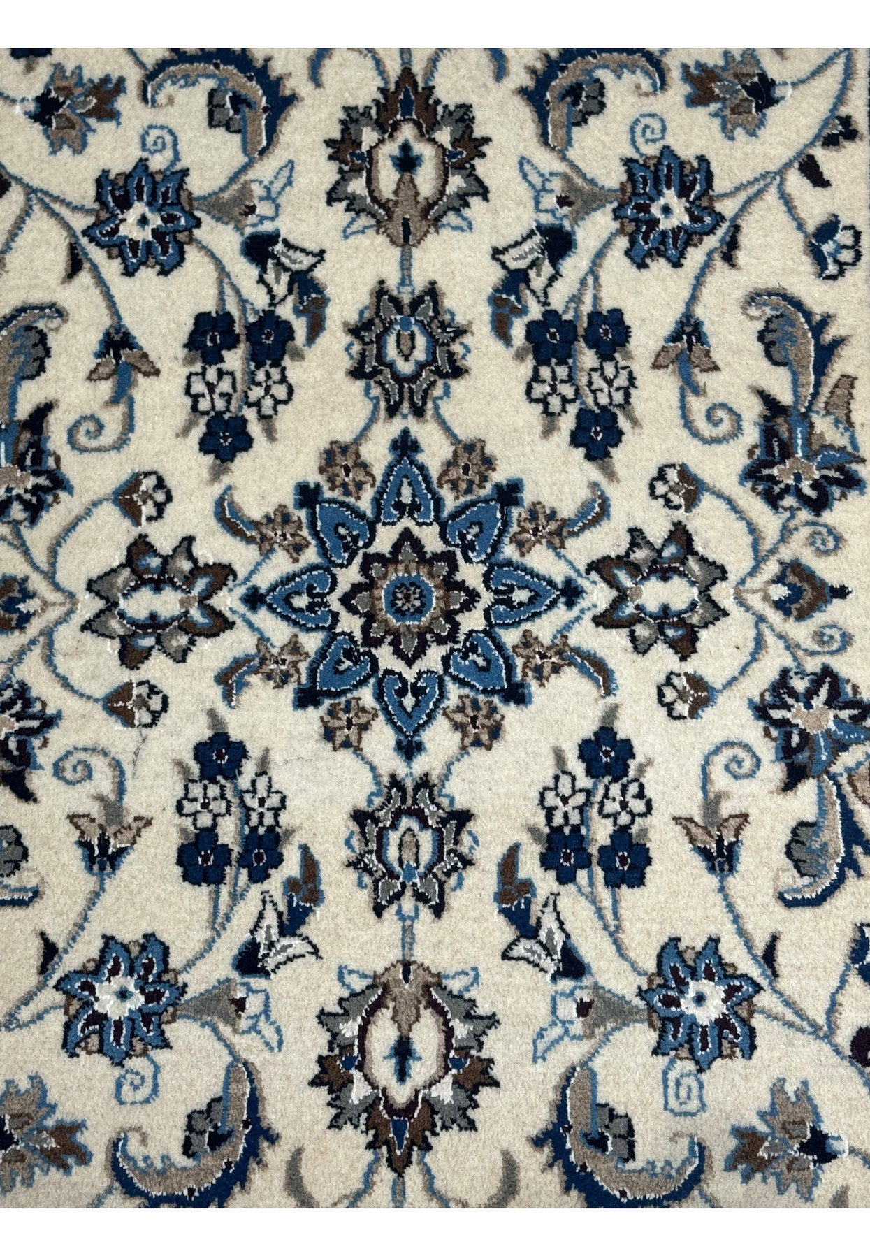 Medallion view of a Persian Nain Rug featuring a central star motif surrounded by floral patterns.
