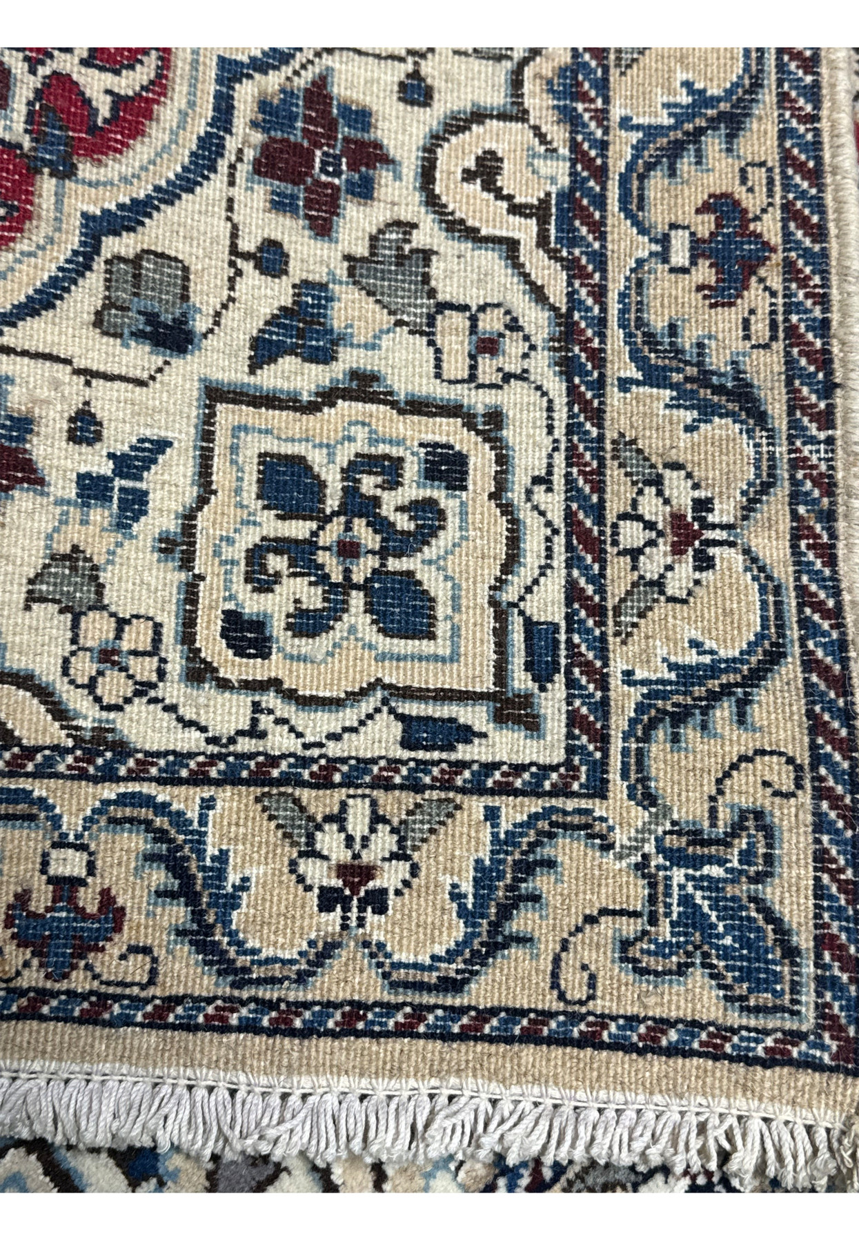 Backside of the 3 x 4.6 Red Nain Persian Rug showing the detailed knot work and craftsmanship.