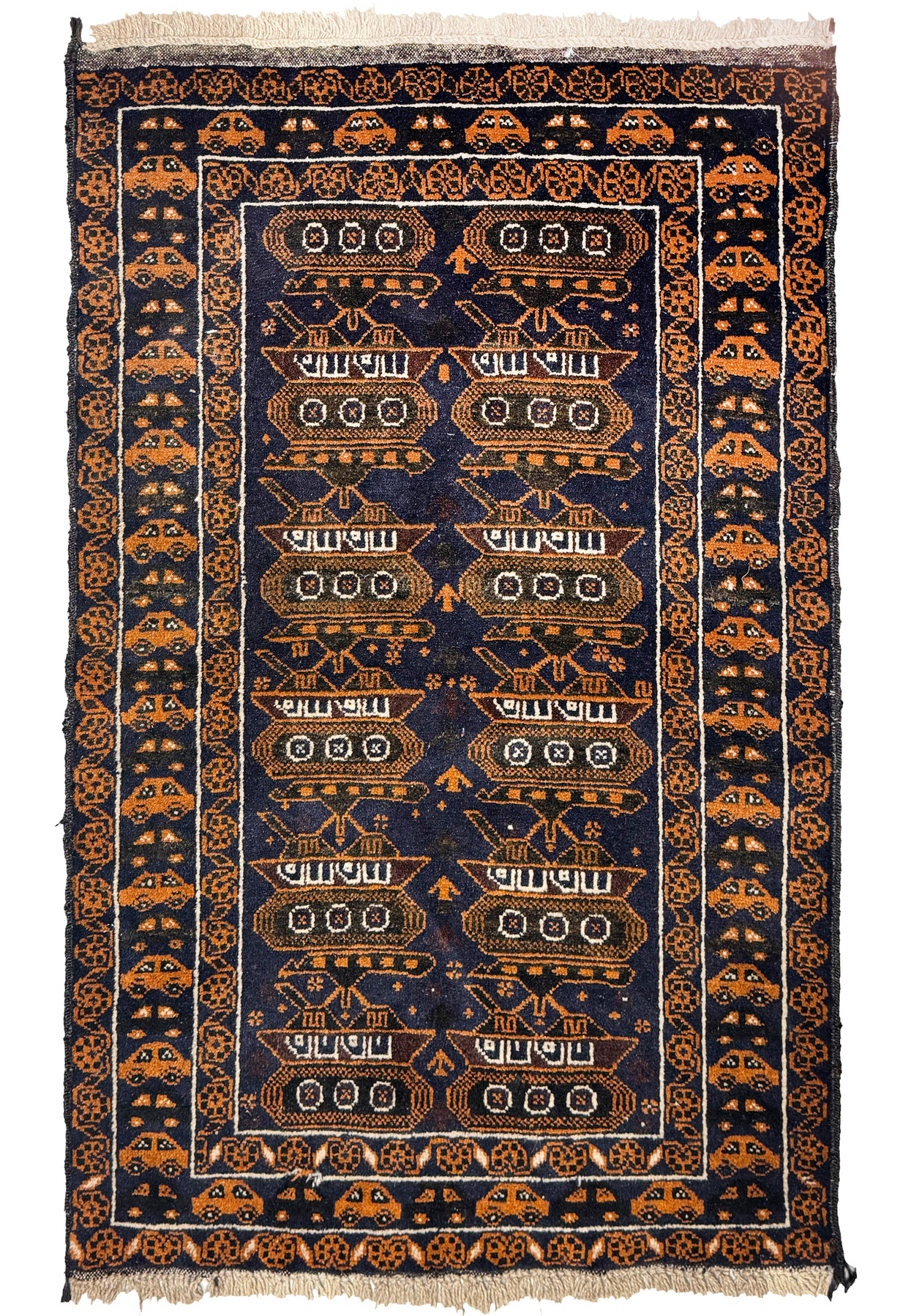 Full view of a 2'9 x 4'4 Persian Baluch Rug featuring intricate tank motifs in rich navy and orange hues.