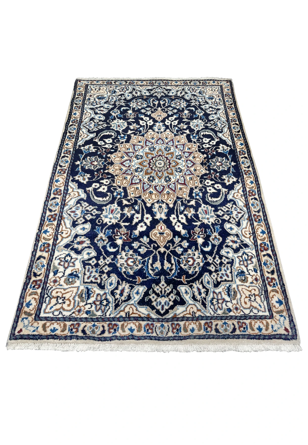 Laid-down view of the 3x5'3 Persian Nain Rug highlighting its detailed navy blue and ivory design.