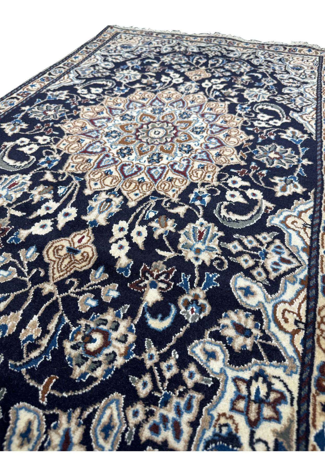 Angled view of the 3x5'3 Persian Nain Rug showing depth and the hand-knotted texture.