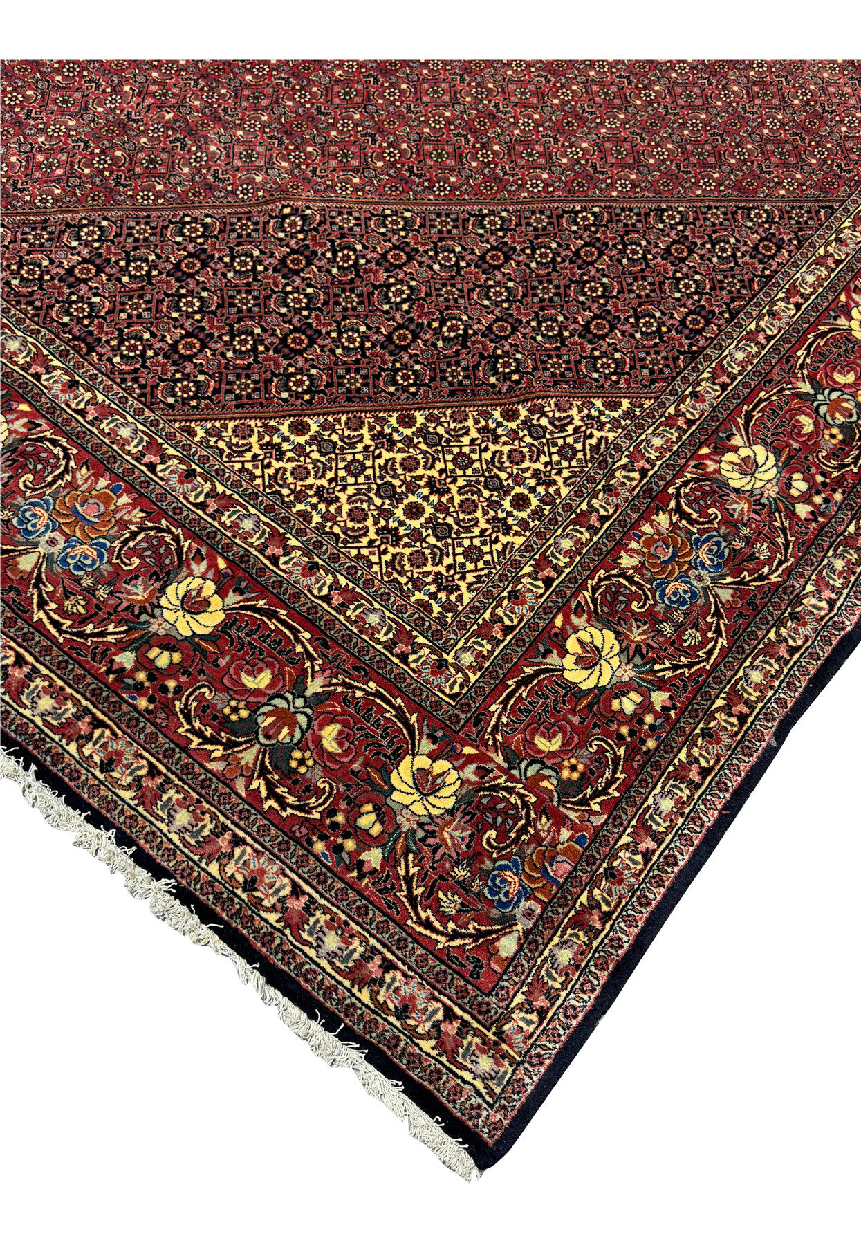 Edge of 13 x 20 Persian Bijar Rug with a close-up of fringe and final border design.
