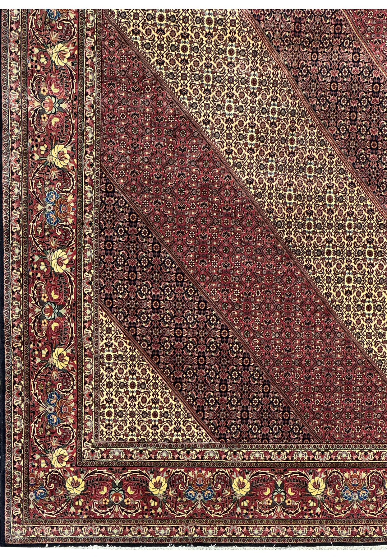 Lower left border of 13 x 20 Persian Bijar Rug with palmette and floral motifs.