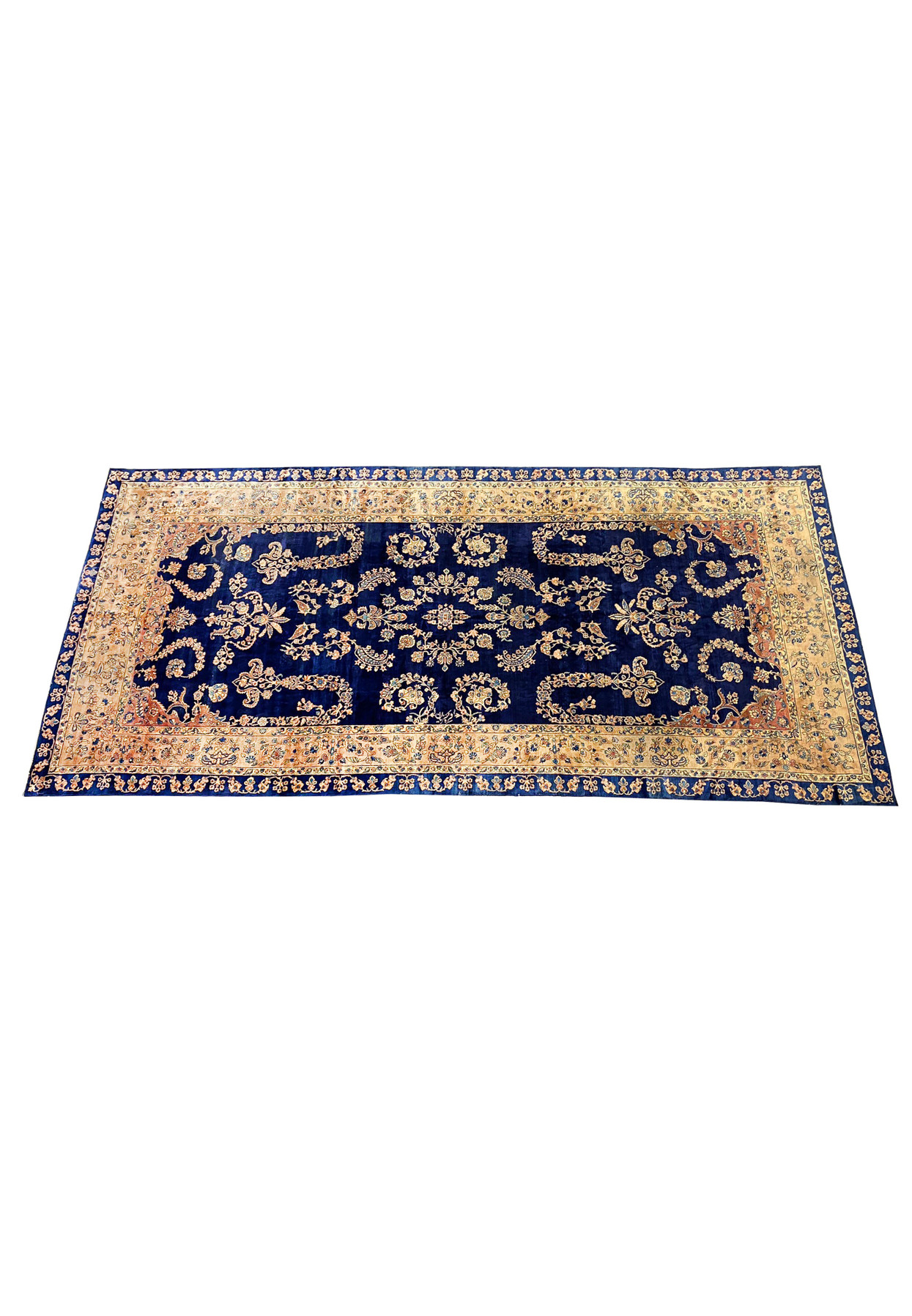 Full view of the Persian Kerman Lavar rug laid flat with intricate floral designs