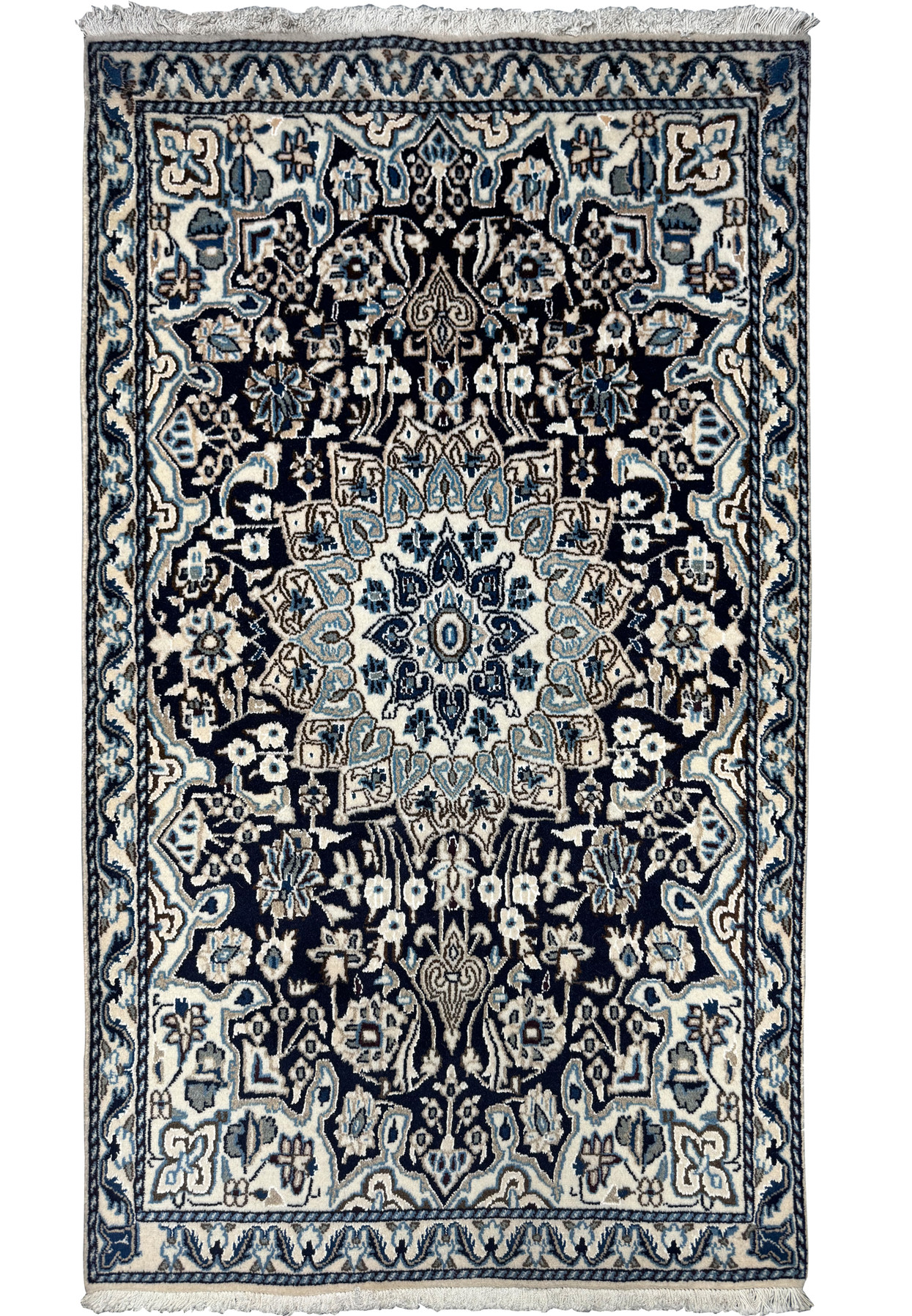 Full view of a 3x5 Nain Persian rug showcasing its intricate floral and geometric design