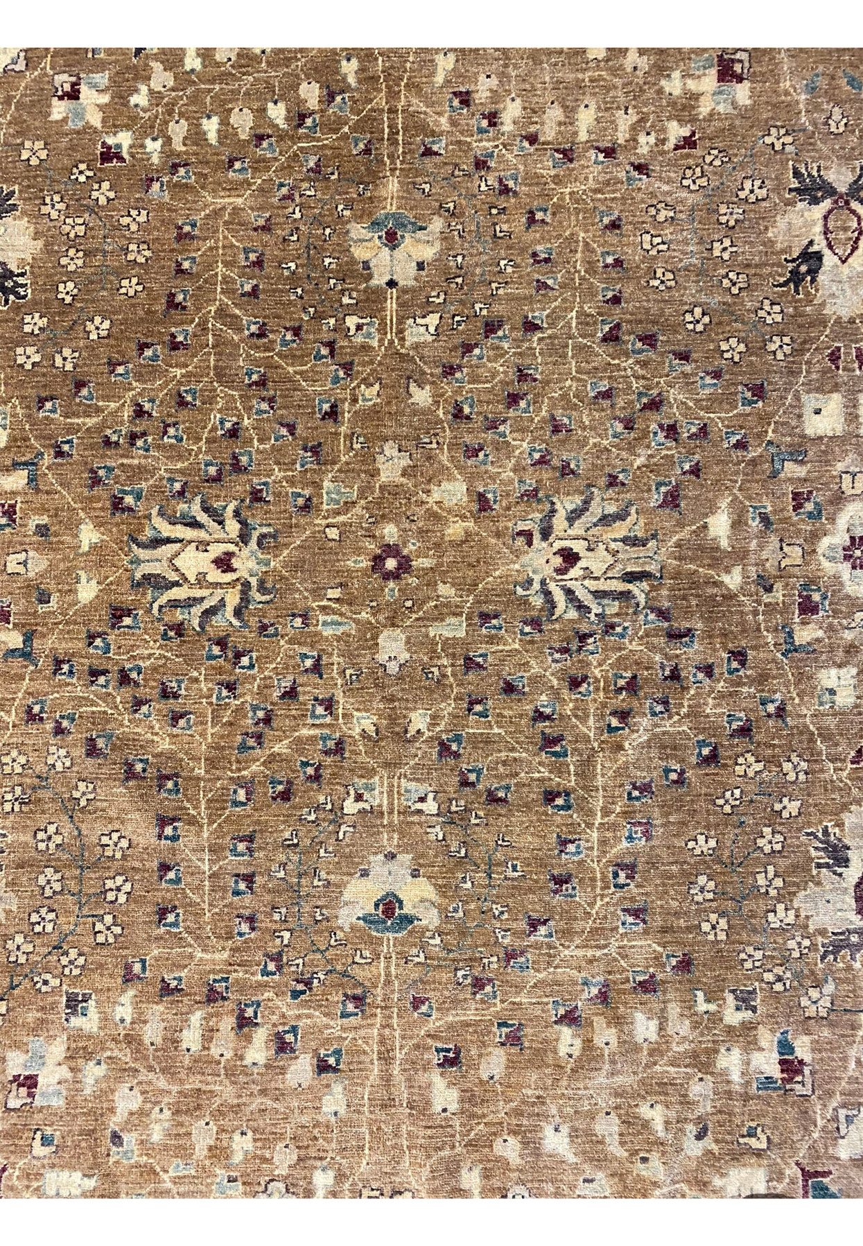 Detailed patterns of floral and geometric designs on Ziglar rug.