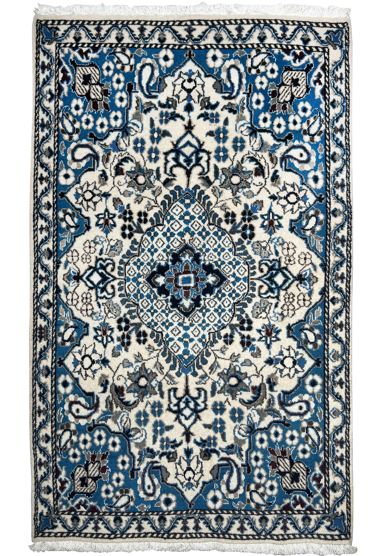 Full view of 2'9 x 4'7 Persian Nain Rug with central medallion and rich floral motifs.