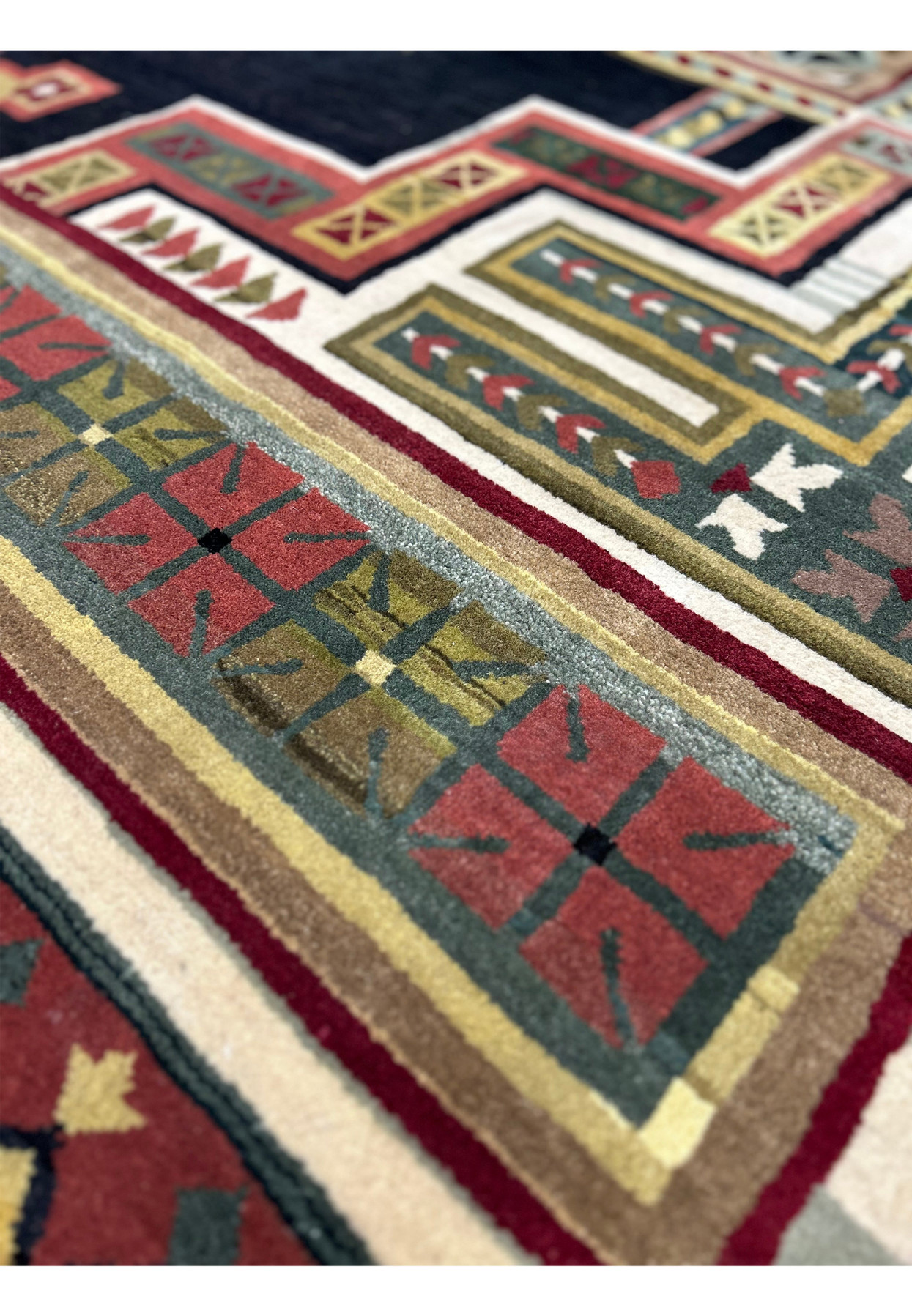 Detailed close-up of the border on the 11'9" x 14'4" Modern Tribal Gabbeh Rug, featuring geometric and tribal motifs.