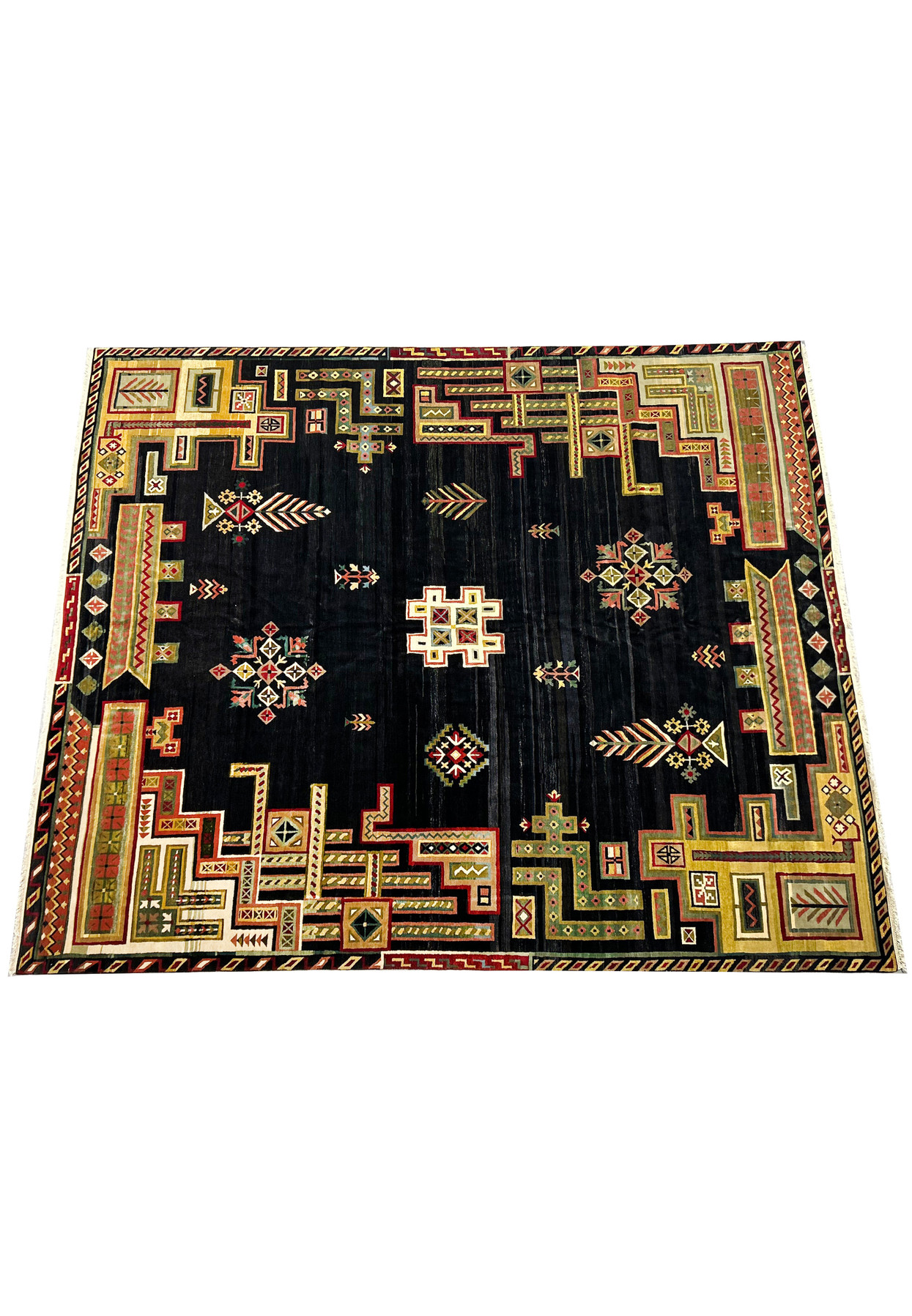 Full view of the 11'9" x 14'4" Modern Tribal Gabbeh Rug laid flat, highlighting its vibrant colors and intricate design.