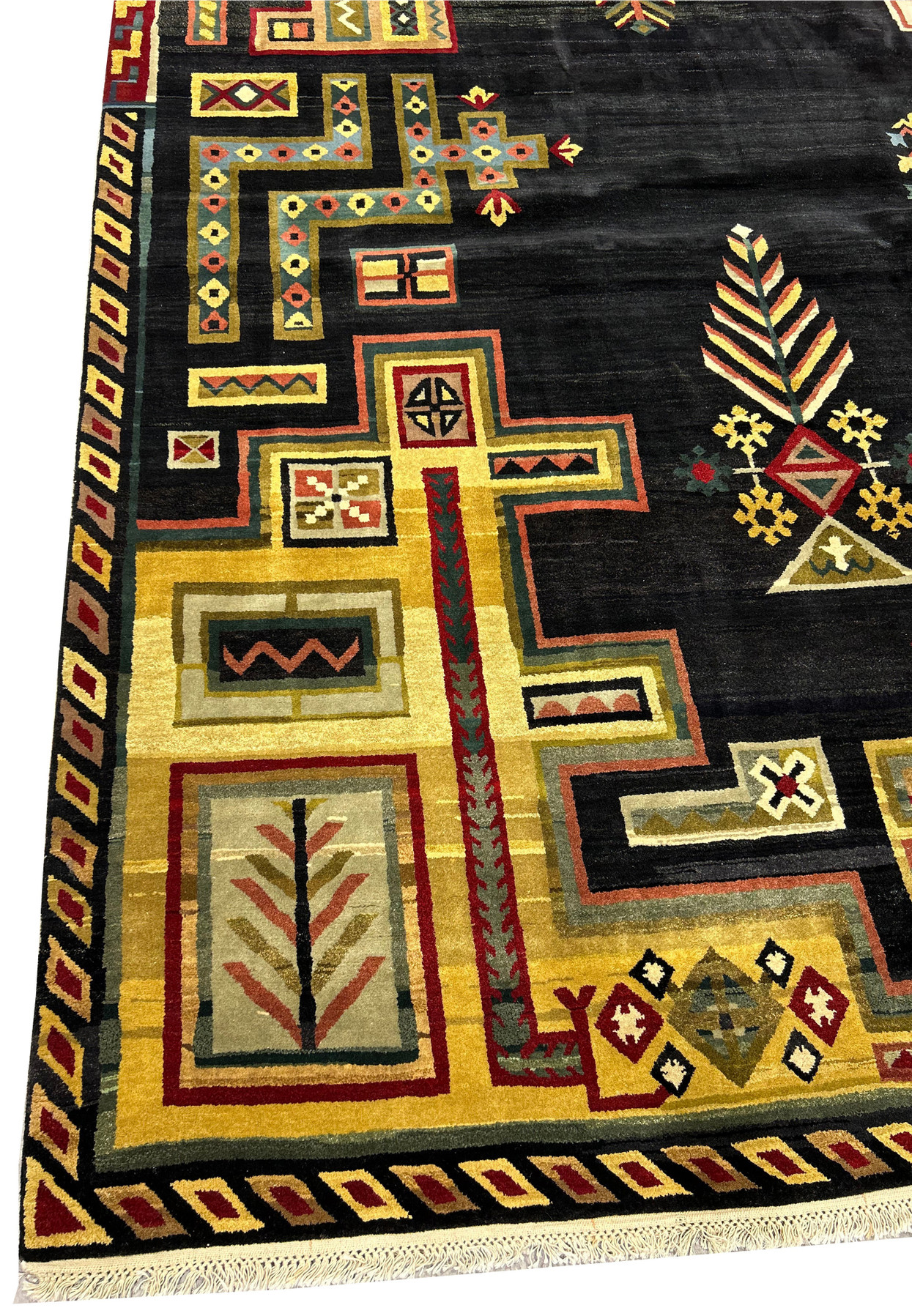 Side view showing the intricate border patterns of the 11'9" x 14'4" Modern Tribal Gabbeh Rug against a dark background.