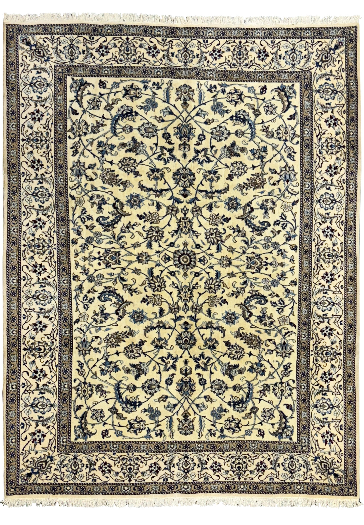 Full view of an 8'2 x 11'6 Persian Nain rug showcasing intricate blue floral patterns on a cream background.