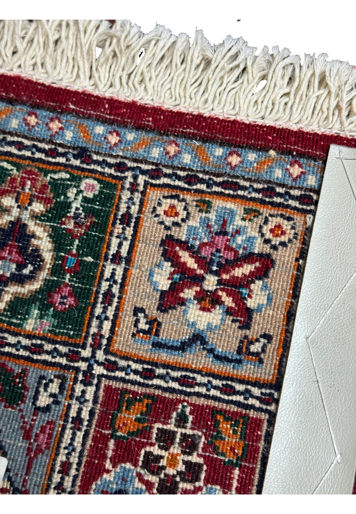 Backside of 1' x 1'2 Persian Moud Baby Rug highlighting weaving quality.