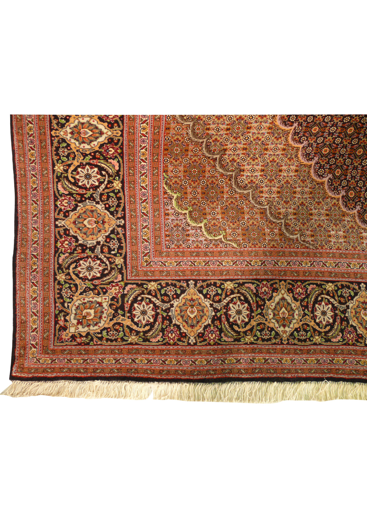 Detailed border on the 6'8 x 10 Persian Tabriz Mahi Rug with intricate floral motifs.