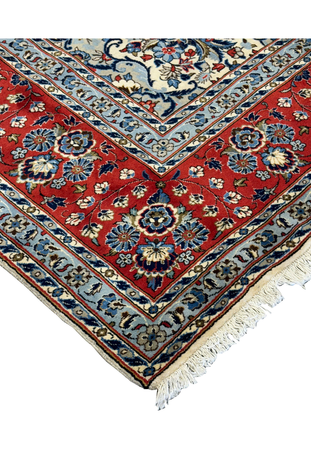 Overview shot of the 8'2 x 11'6 Persian Kashan Rug with a vibrant red floral border and blue details.
