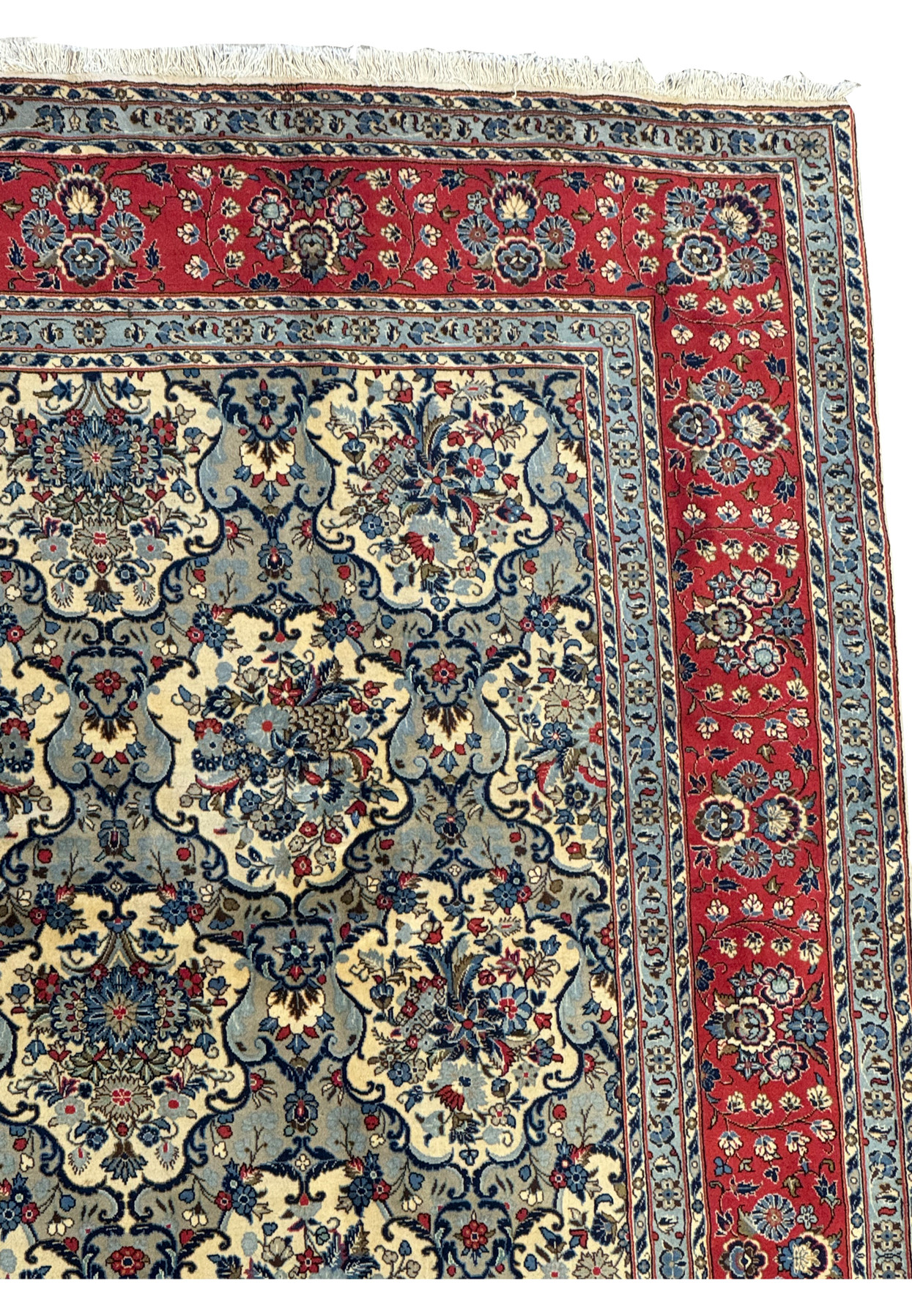Zoomed-in border of the 8'2 x 11'6 Persian Kashan Rug, highlighting intricate flowers.