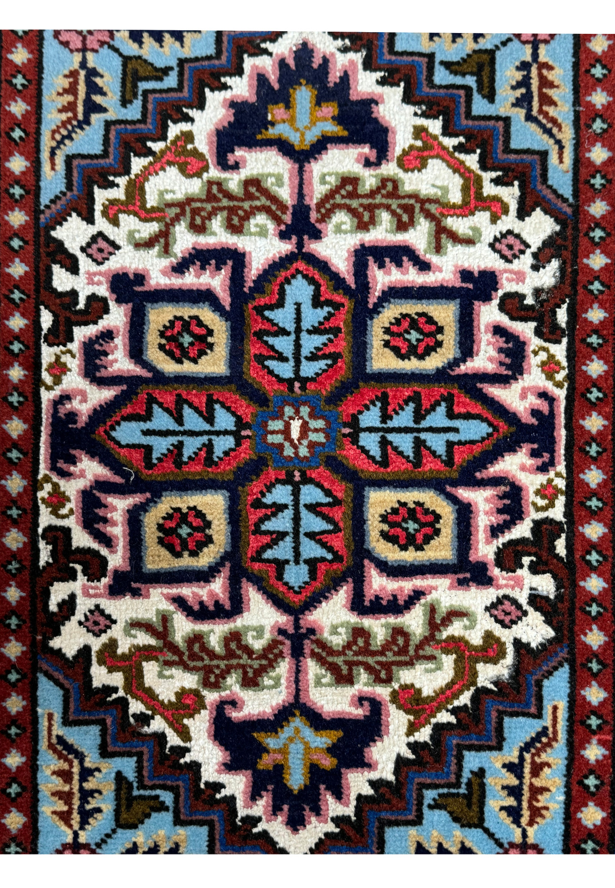 Close-up of central medallion on 1'3 x 2' Persian Ardebil Wool & Silk Poshti rug.