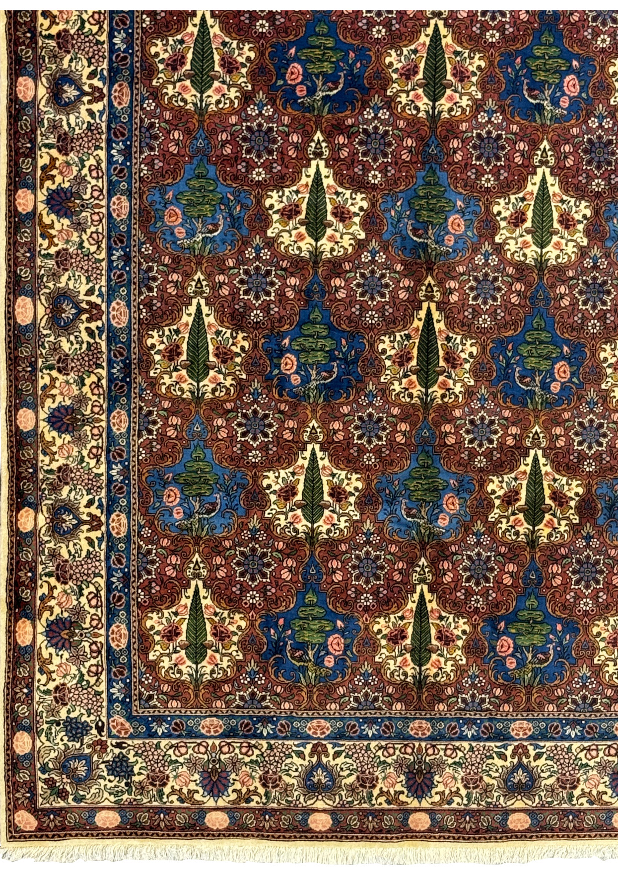 Close-up of the detailed floral border on a Persian Bakhtiar Rug with vibrant leaf and vine patterns.