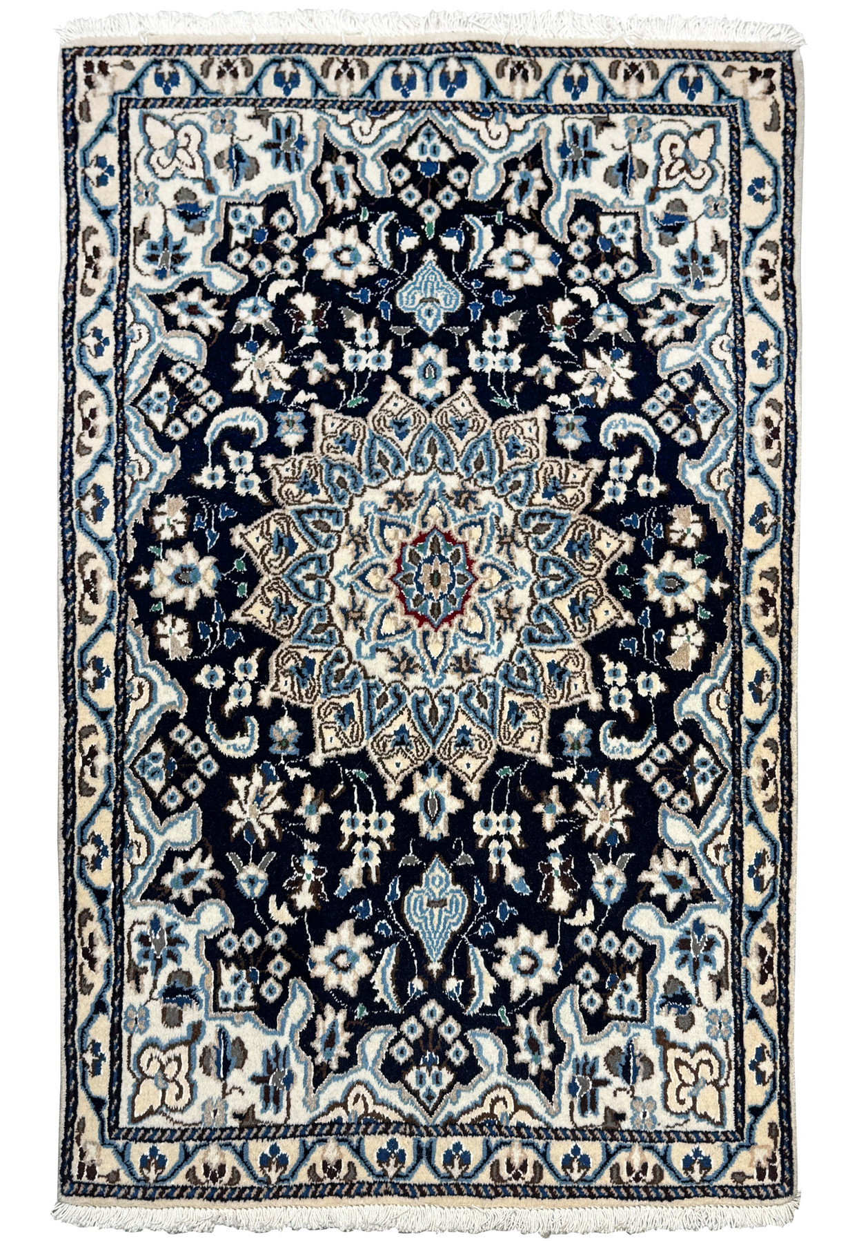 Full view of 2'8 x 4'6 Persian Nain Rug showcasing a large central medallion with floral patterns in navy, light blue, and ivory.