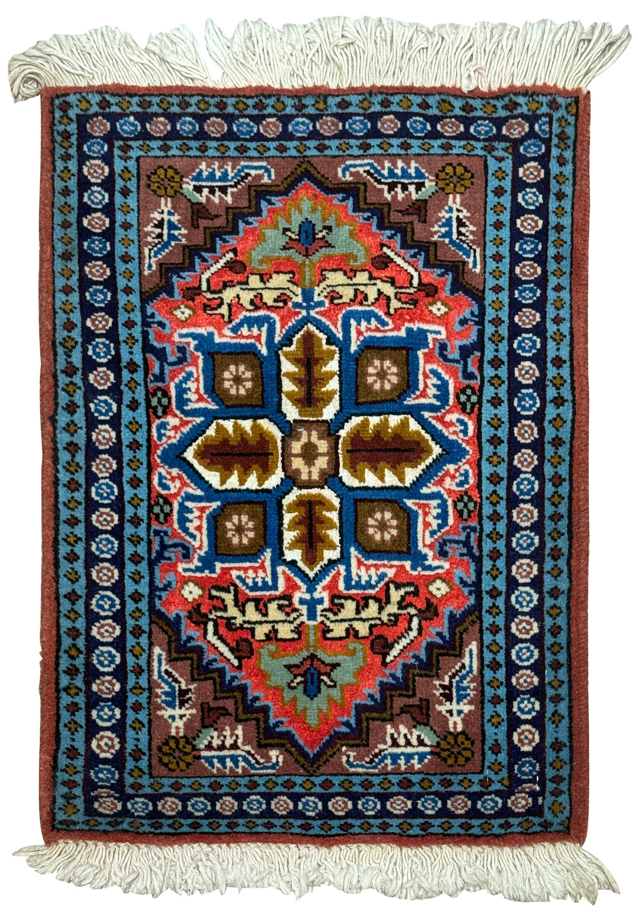 Full view of the 1'3 x 2 Persian Ardebil Wool & Silk Rug with geometric medallion and floral motifs.