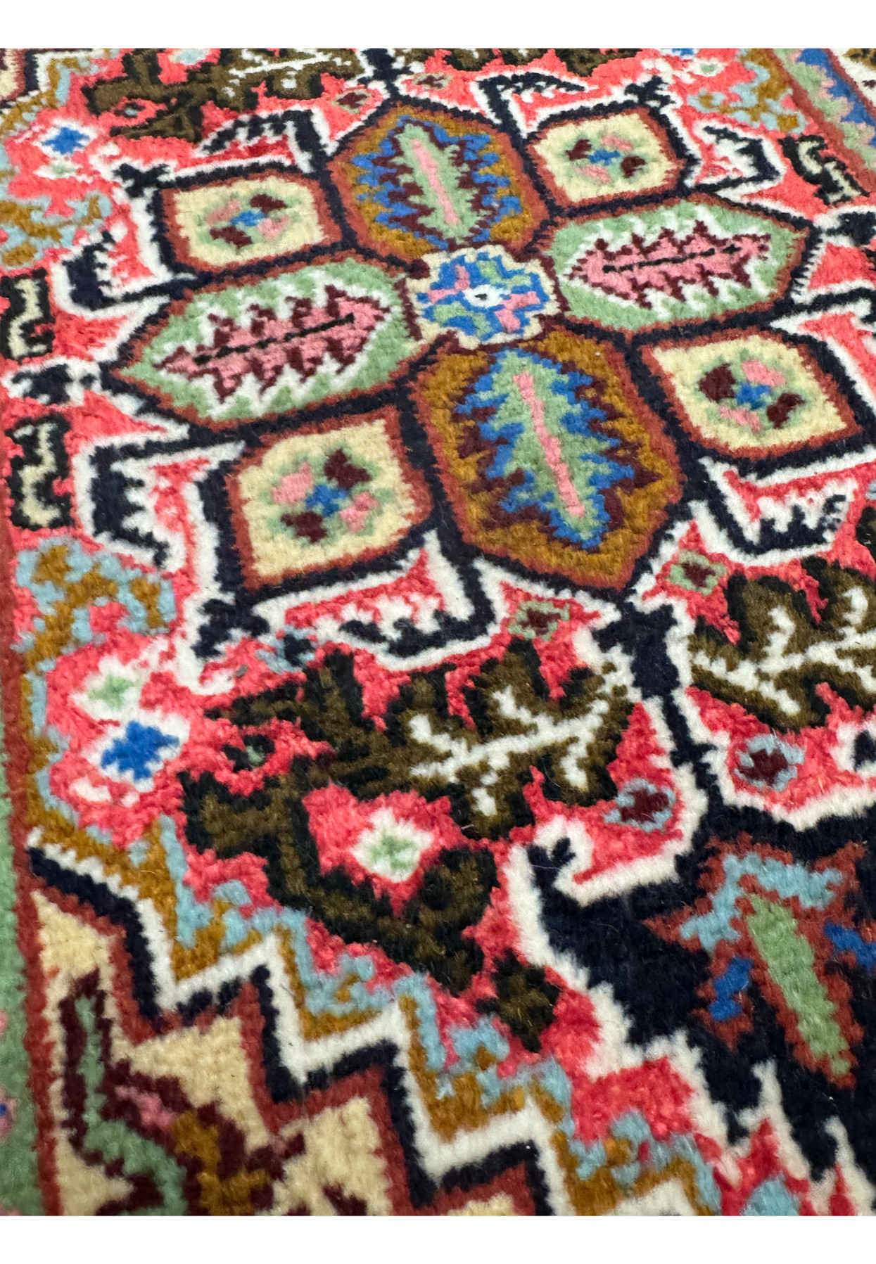 Angled view highlighting the detailed design of the 1'3 x 2 Ardebil Persian Wool & Silk Poshti Rug.