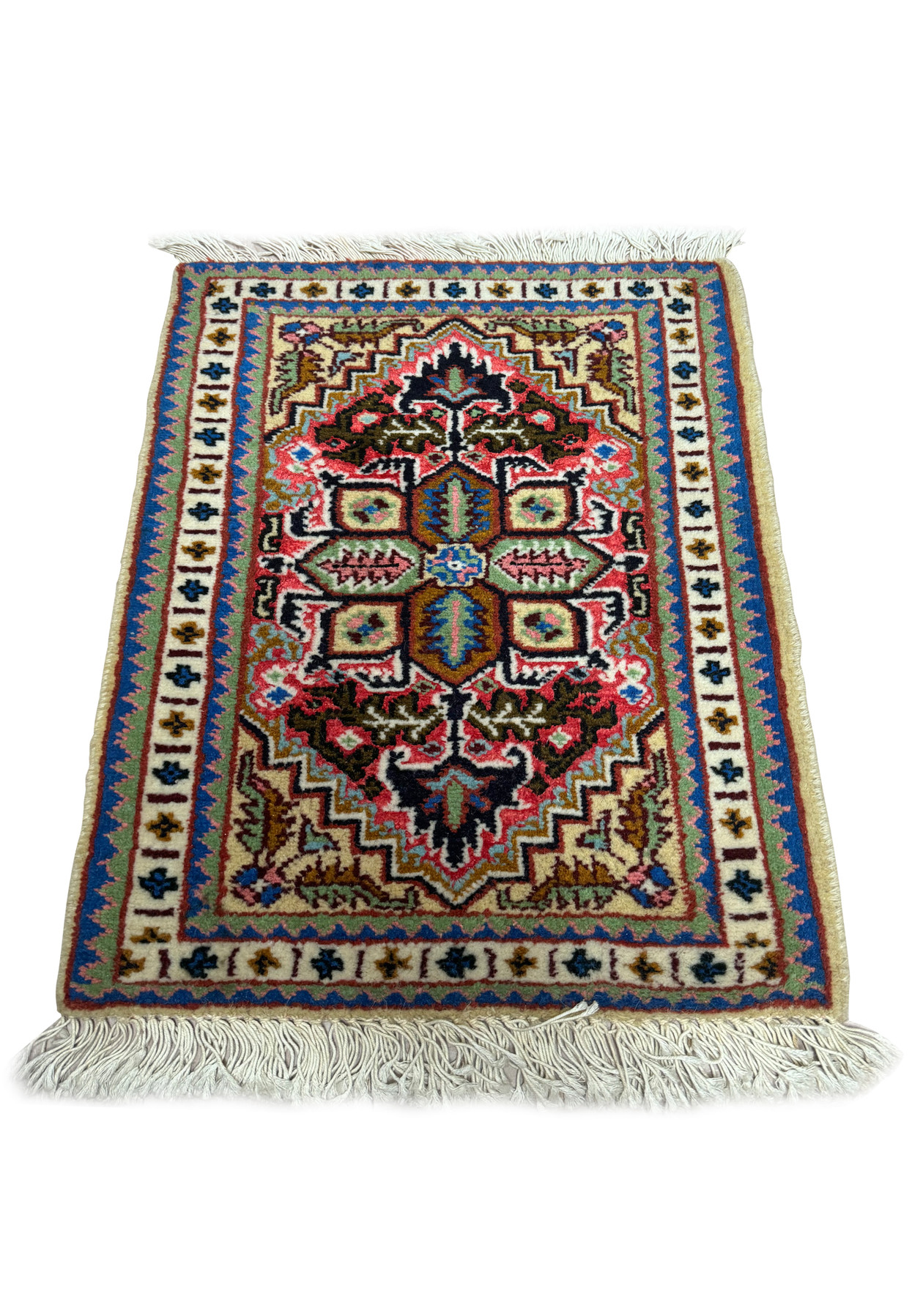Angled view of 1'3 x 2 Ardebil Persian Wool & Silk Poshti Rug showcasing the central medallion.