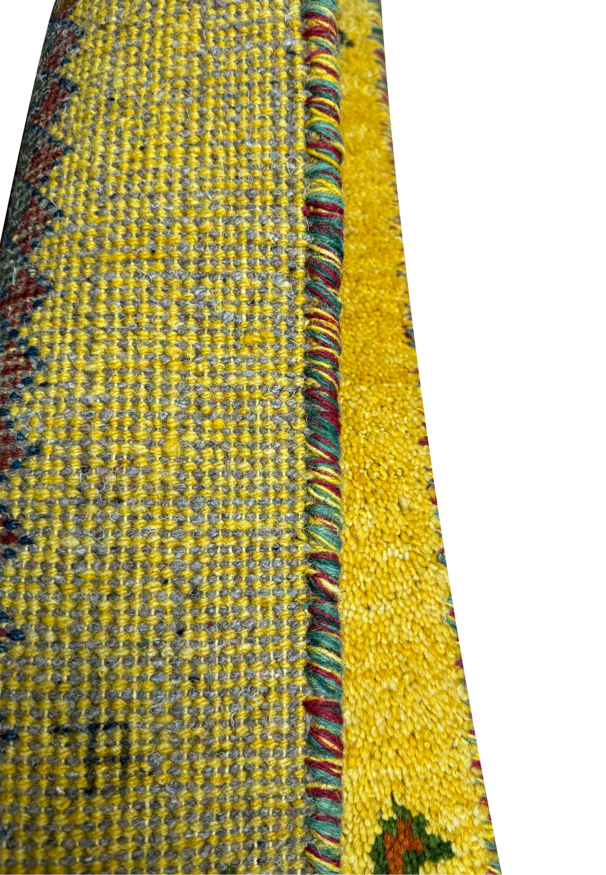 Backside view of 1'3 x 2' Persian Gabbeh Poshti rug showcasing its tight weaving and cotton foundation.