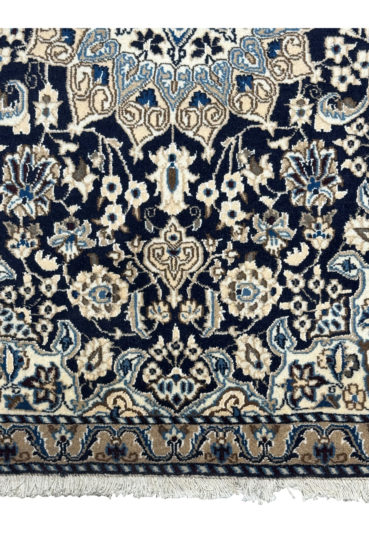 Detailed view of lower portion of 3'1 x 5 Persian Nain Rug's intricate border.