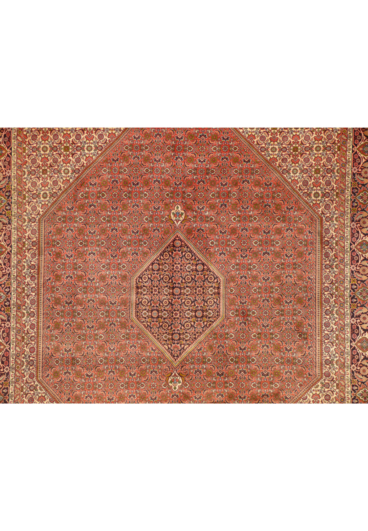Central field of a handwoven Persian Bijar Rug, showcasing floral and geometric patterns in rust and navy.