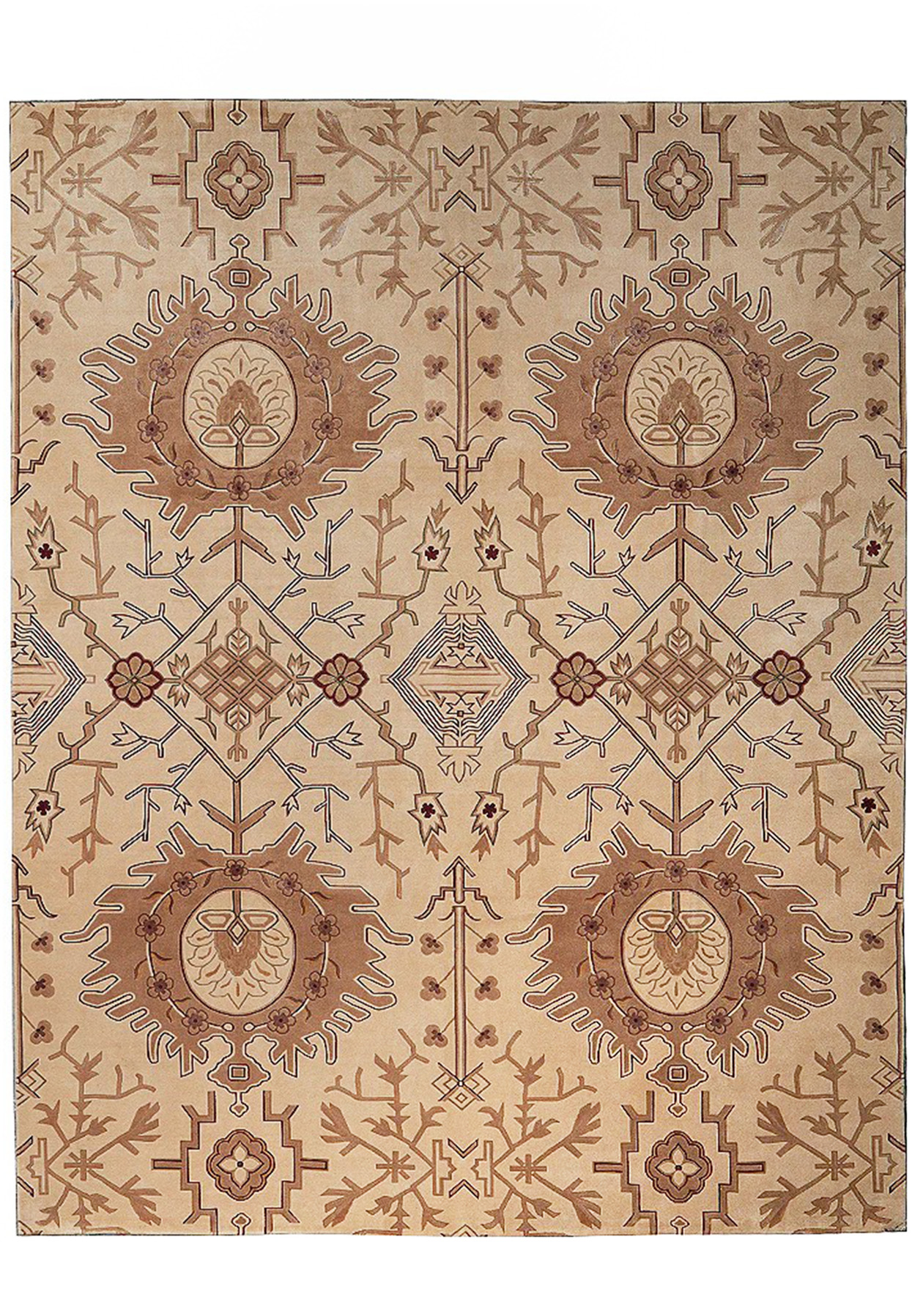 Full view of 7'8 x 9'8 Modern Nepal rug with abstract geometric pattern and neutral tones