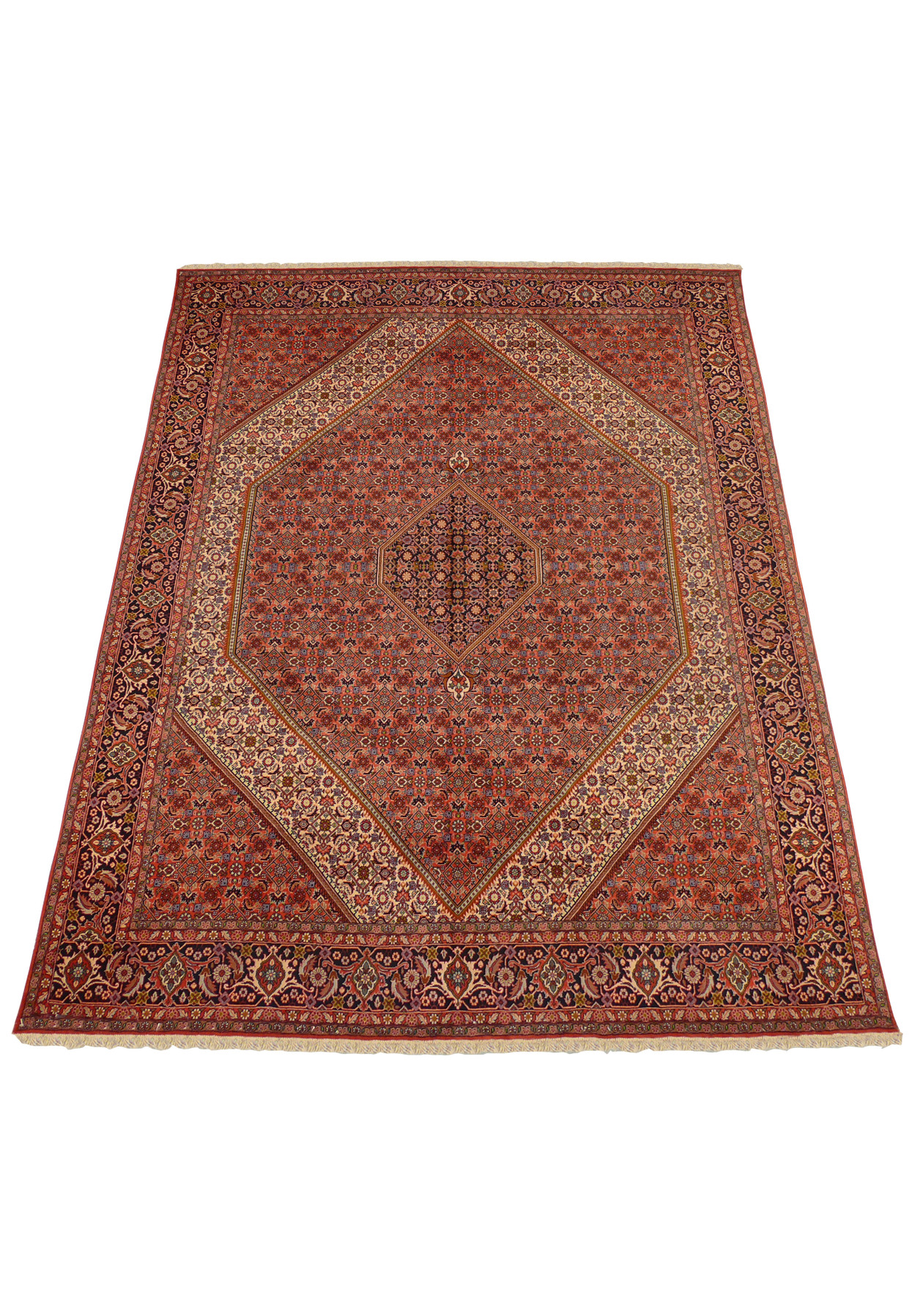 Angled view of Persian Bijar Rug highlighting dense weave and deep color palette.