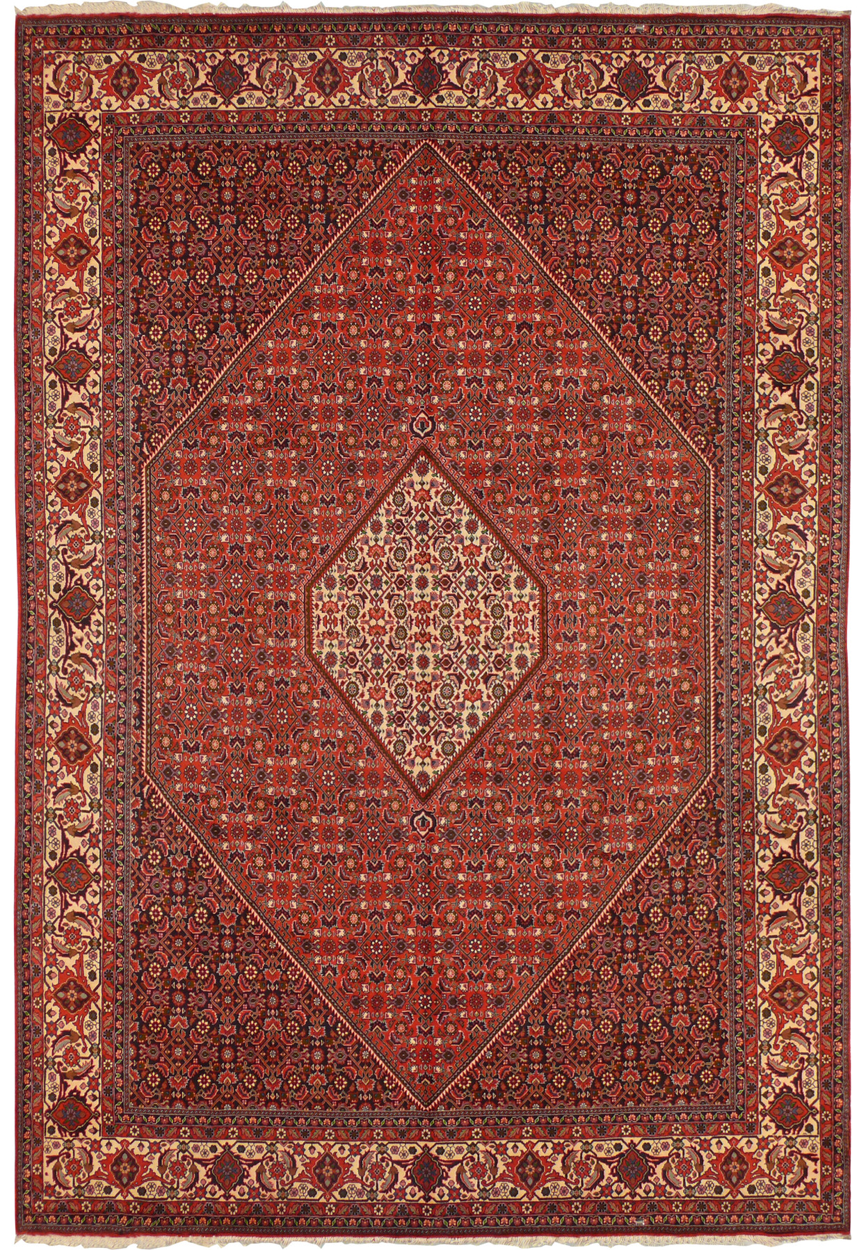 Overhead full view 8'2 x 11'5 Bijar Persian rug, rust field, ivory diamond medallion, dense floral lattice, wide ivory border.
