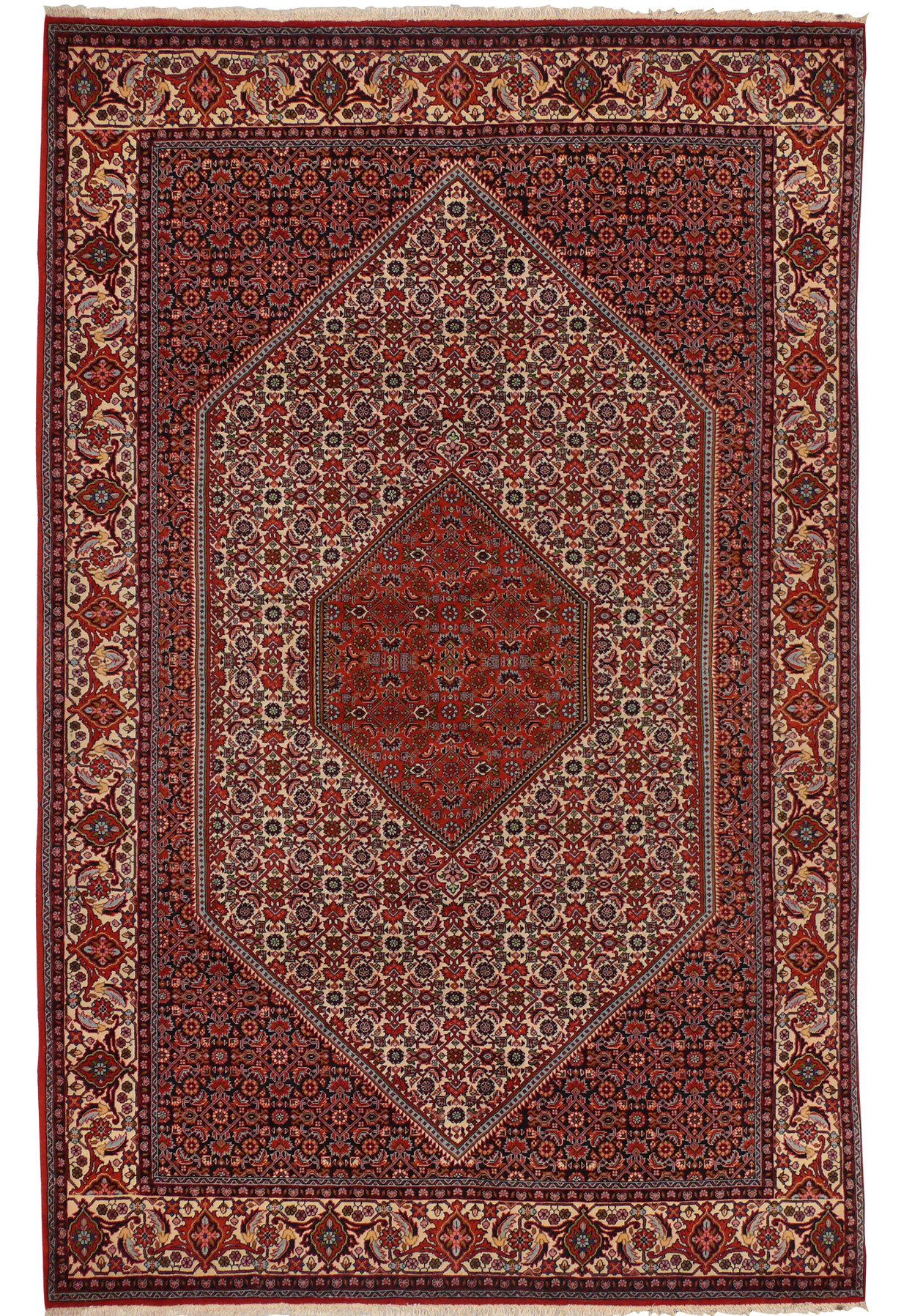 Full view of 6'5 x 9'11 Persian Bijar rug with central medallion and ivory borders.