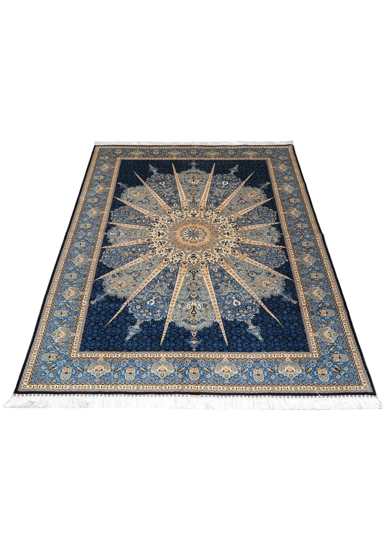 Signed 6x9 oriental silk rug with starburst medallion design, pristine collectible.