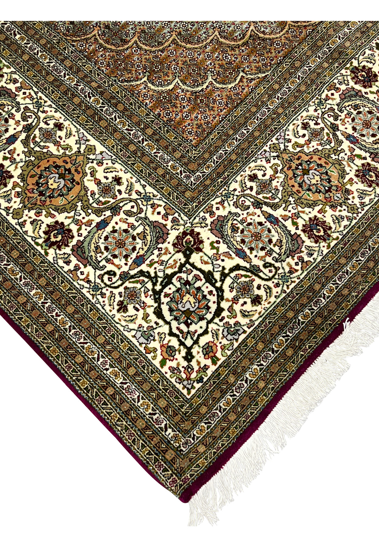 Edge border of Persian Tabriz 50 Raj rug with ivory background, floral arabesques, and burgundy edge contrasted by fine wool and silk.